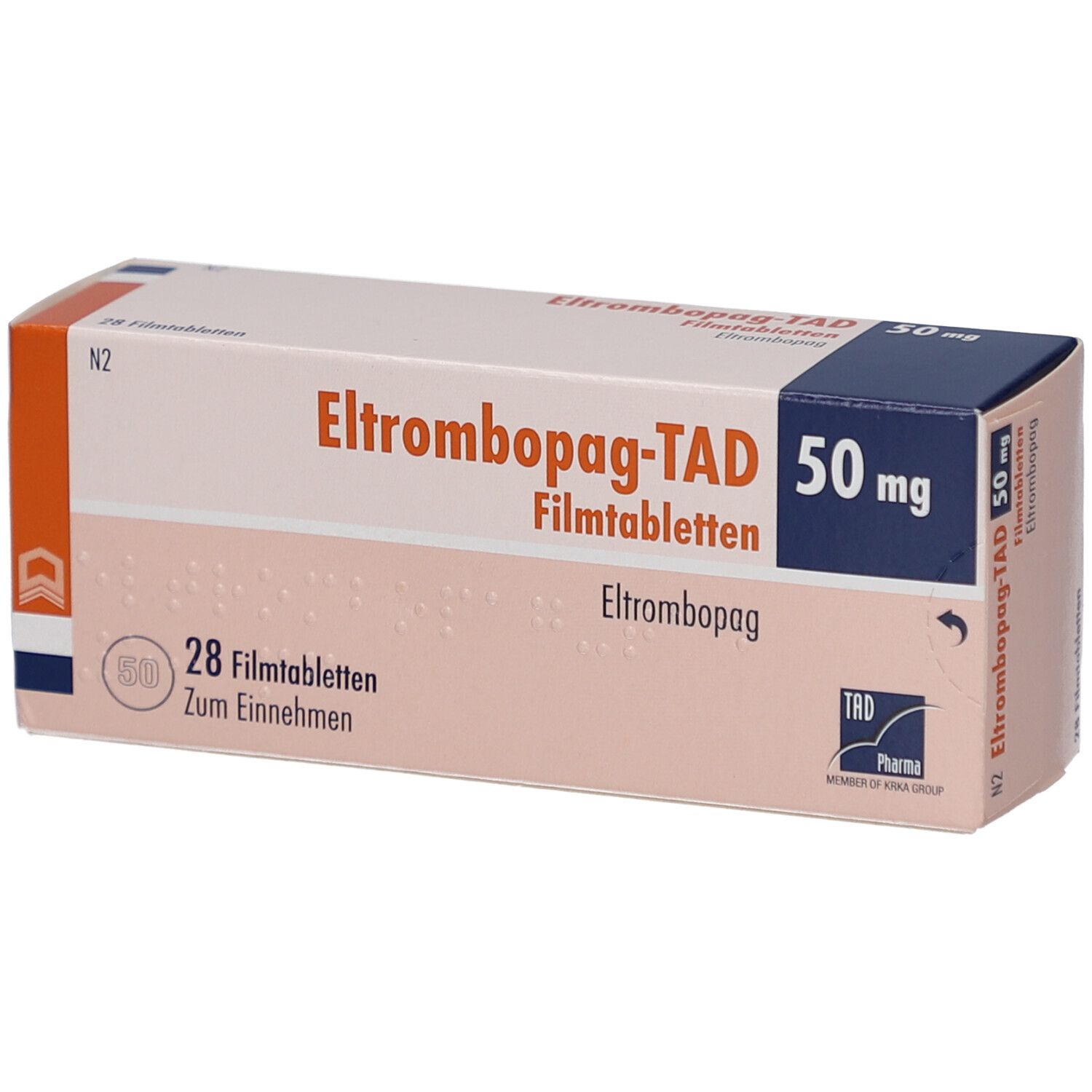 Schachtel mit ELTROMBOPAG-TAD 50 mg Filmtabletten. Enthält 28 Tabletten. Aufdruck: TAD Pharma.
