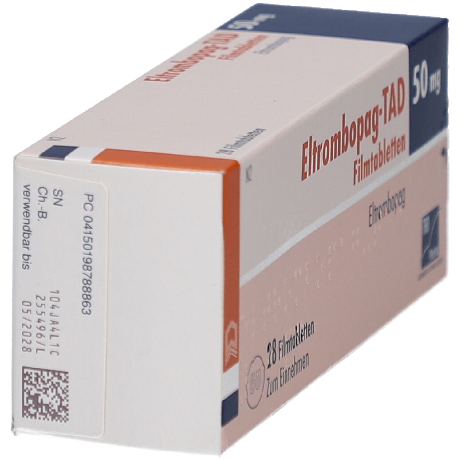 Schachtel von ELTROMBOPAG-TAD 50 mg Filmtabletten. Seitenansicht mit Chargennummer und Verfallsdatum.