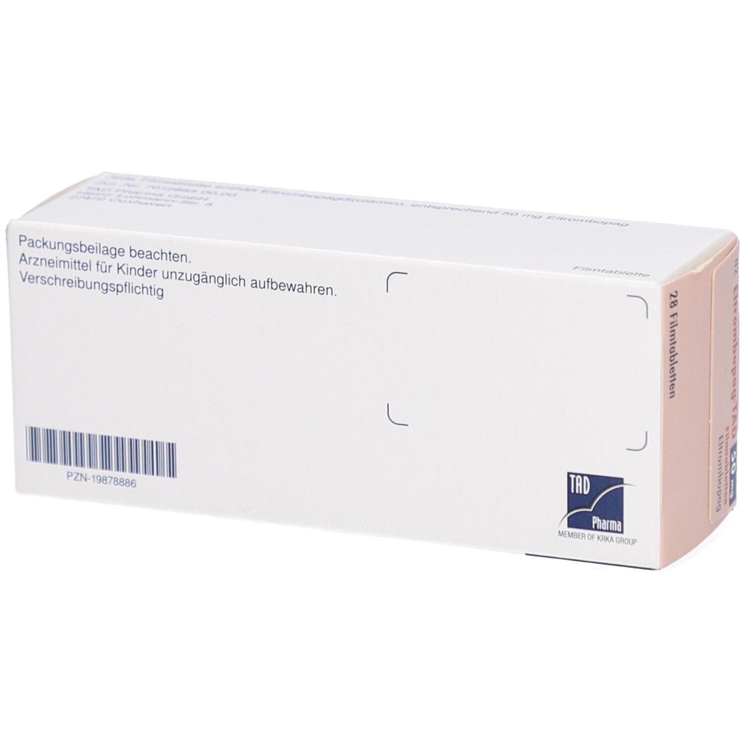 Rückseite der Schachtel mit ELTROMBOPAG-TAD 50 mg Filmtabletten. Text: Packungsbeilage beachten.