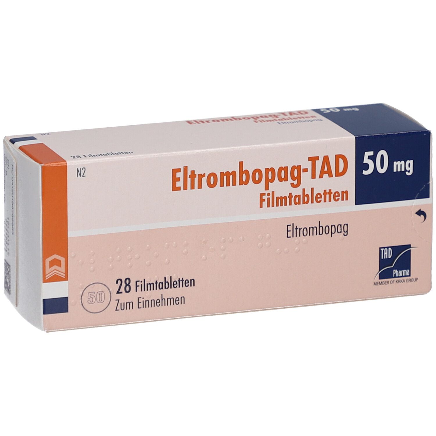 Schachtel mit ELTROMBOPAG-TAD 50 mg Filmtabletten. Enthält 28 Tabletten. Aufdruck: TAD Pharma.
