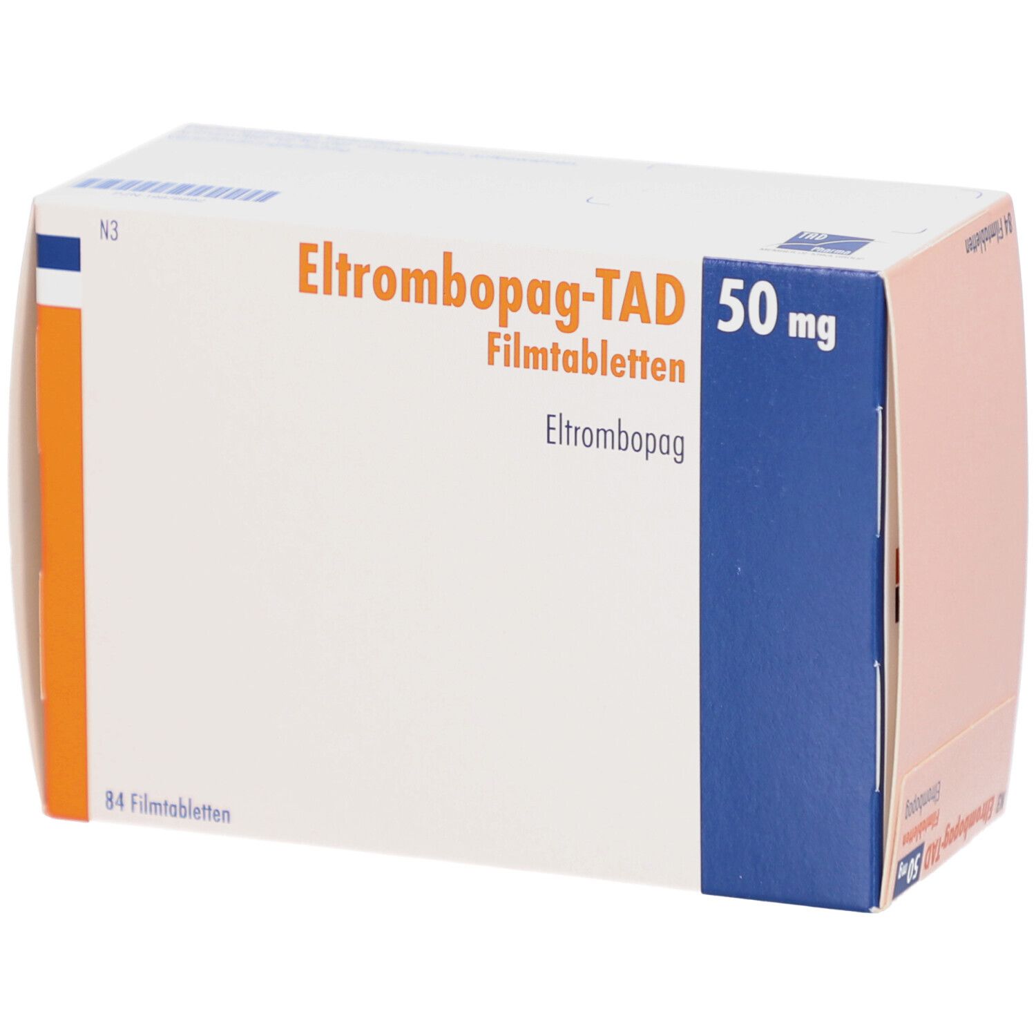 Schachtel mit ELTROMBOPAG-TAD 50 mg Filmtabletten. Aufschrift: 84 Filmtabletten. Blau, orange und weiße Farben.