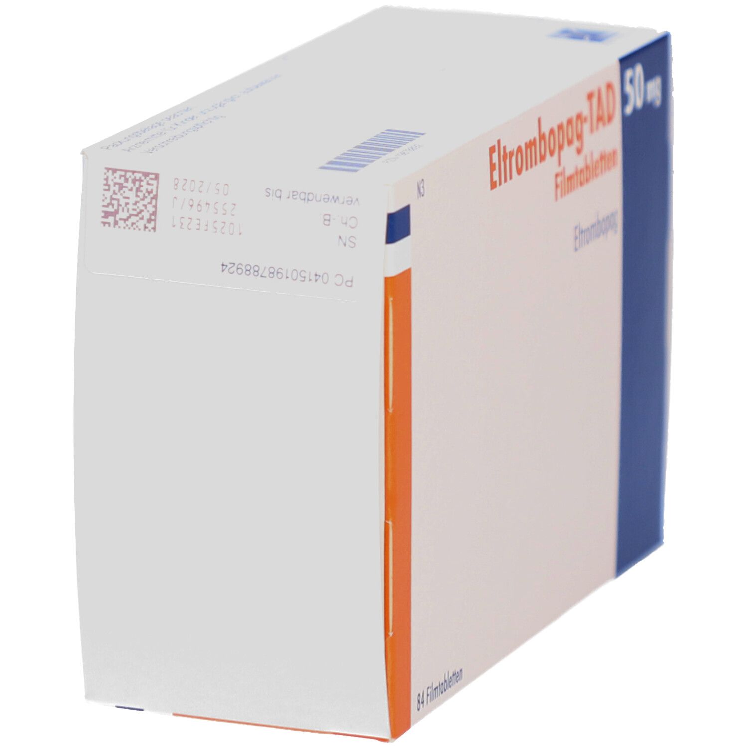 Schachtel ELTROMBOPAG-TAD 50 mg Filmtabletten. Weiße Schachtel mit blauen und orangen Akzenten. Aufdruck mit Chargennummer.