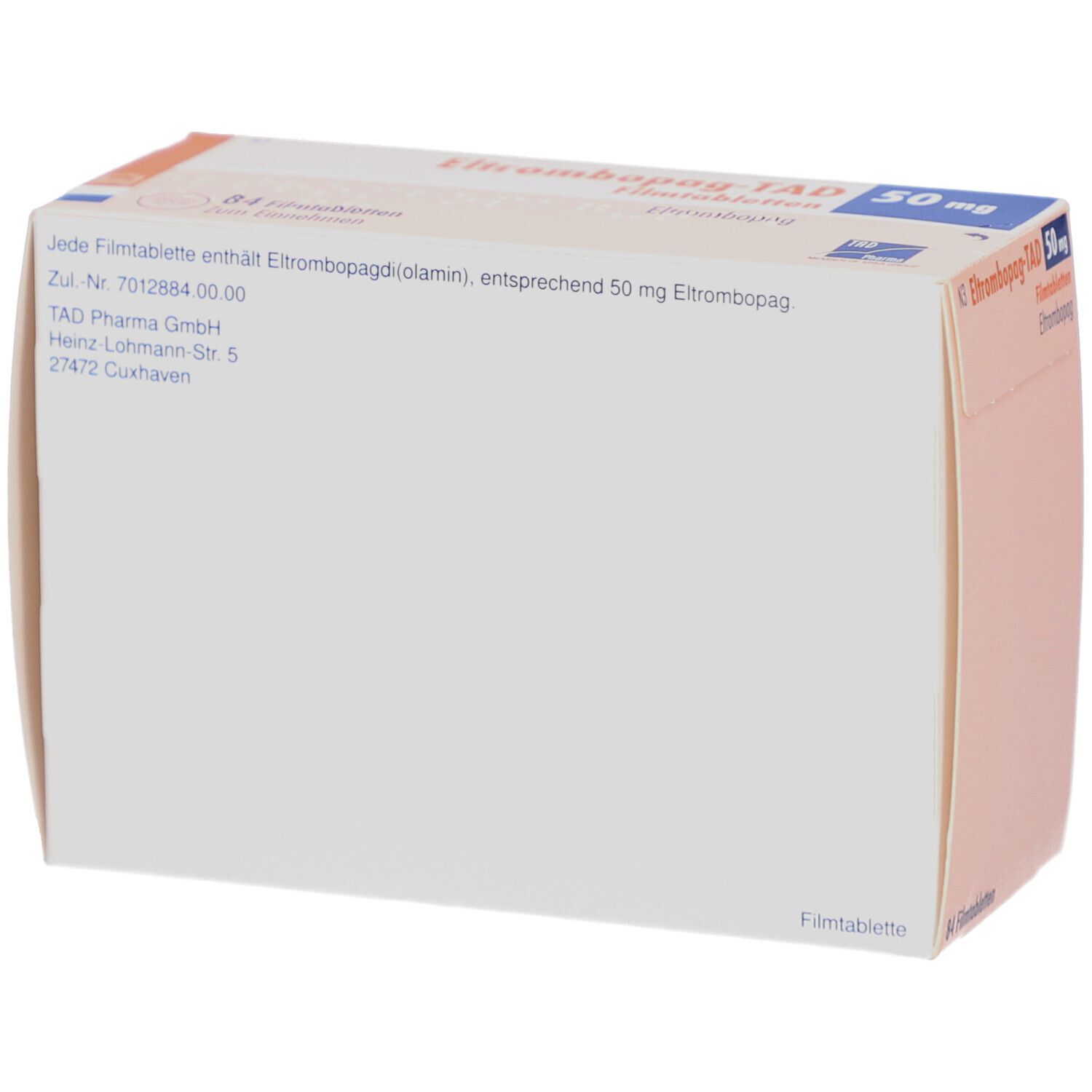 Schachtel ELTROMBOPAG-TAD 50 mg Filmtabletten. Text: Jede Filmtablette enthält Eltrombopag(olamin). TAD Pharma GmbH.