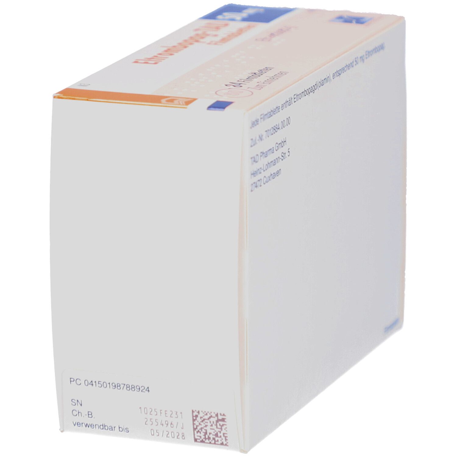 Schachtel ELTROMBOPAG-TAD 50 mg Filmtabletten. Weiße Schachtel mit blauen und orangen Akzenten. Chargennummer und Verfallsdatum.