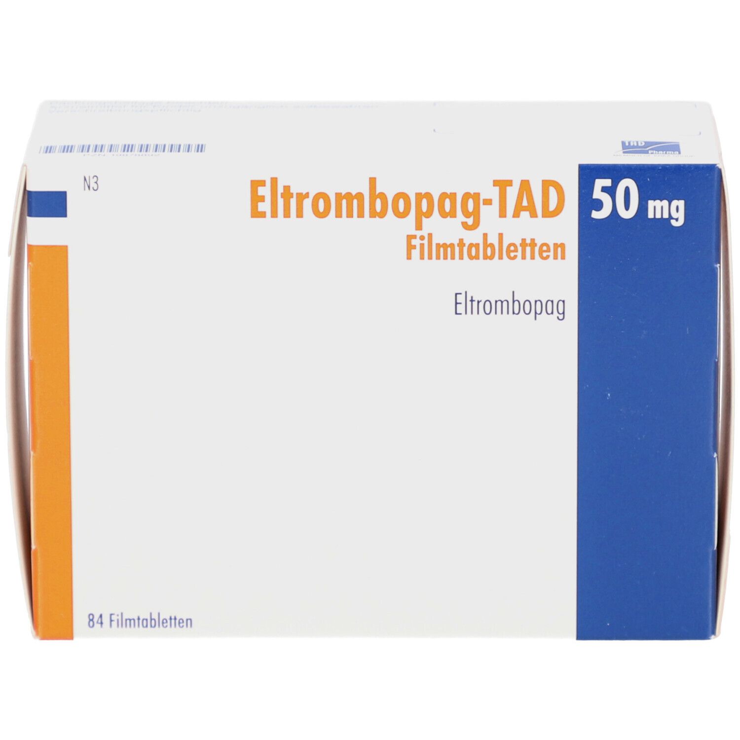 Schachtel ELTROMBOPAG-TAD 50 mg Filmtabletten. Aufschrift: 84 Filmtabletten. Blau, orange und weiße Farben.