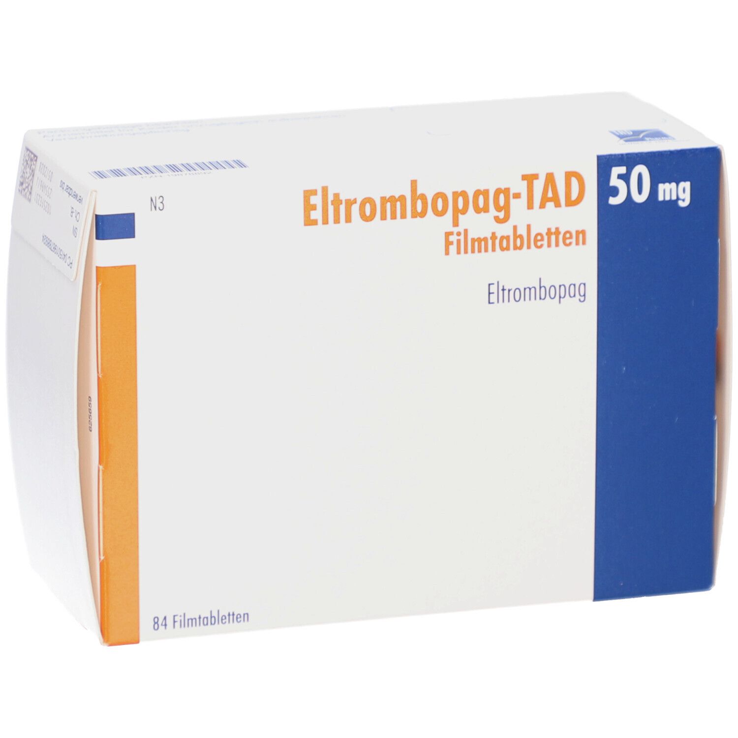 Schachtel ELTROMBOPAG-TAD 50 mg Filmtabletten. Aufschrift: 84 Filmtabletten. Blau, orange und weiße Farben.