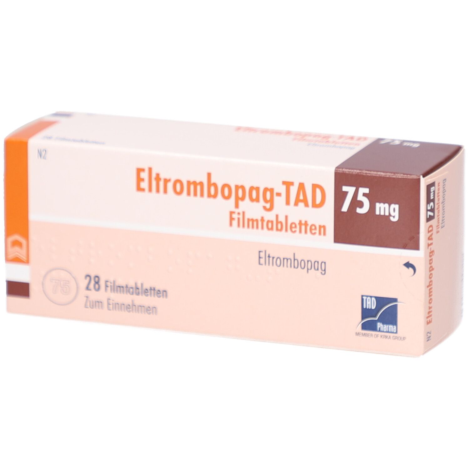 Schachtel mit "Eltrombopag-TAD 75 mg Filmtabletten". Braune und weiße Verpackung. 28 Filmtabletten. TAD Pharma Logo.