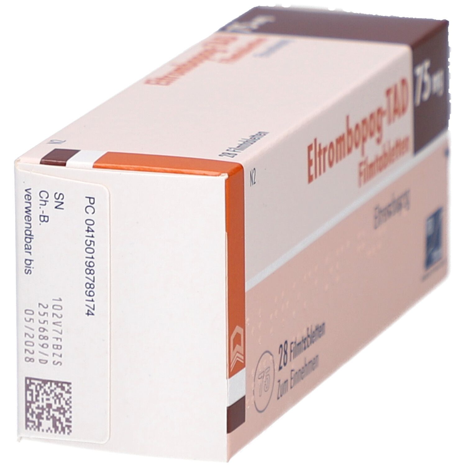 Seitenansicht der Schachtel "Eltrombopag-TAD 75 mg Filmtabletten". Weiße Verpackung mit Text und Barcode. Verfallsdatum.