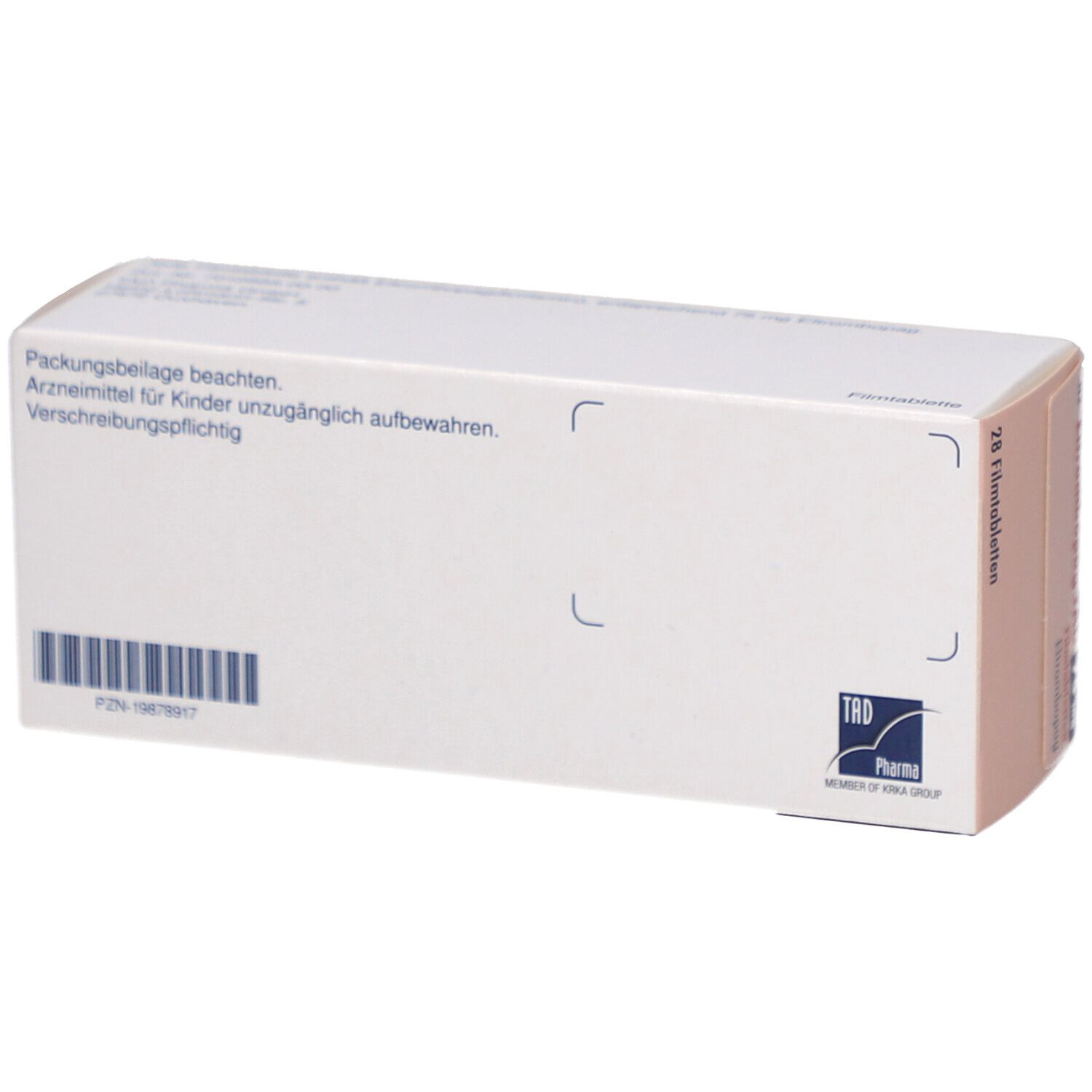 Rückseite der Schachtel "Eltrombopag-TAD 75 mg Filmtabletten". Weiße Verpackung mit Text und Barcode. TAD Pharma Logo.