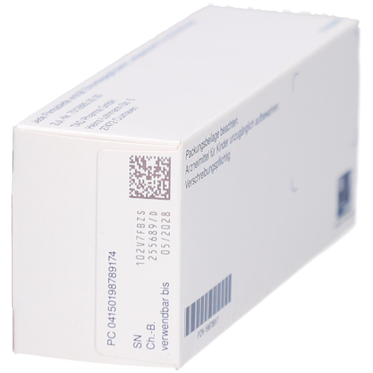 Seitenansicht der Schachtel "Eltrombopag-TAD 75 mg Filmtabletten". Weiße Verpackung mit Text und Barcode. Verfallsdatum.