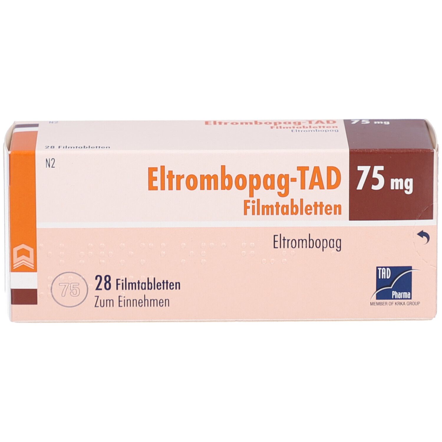 Schachtel "Eltrombopag-TAD 75 mg Filmtabletten". Braune und weiße Verpackung. 28 Filmtabletten. TAD Pharma Logo.