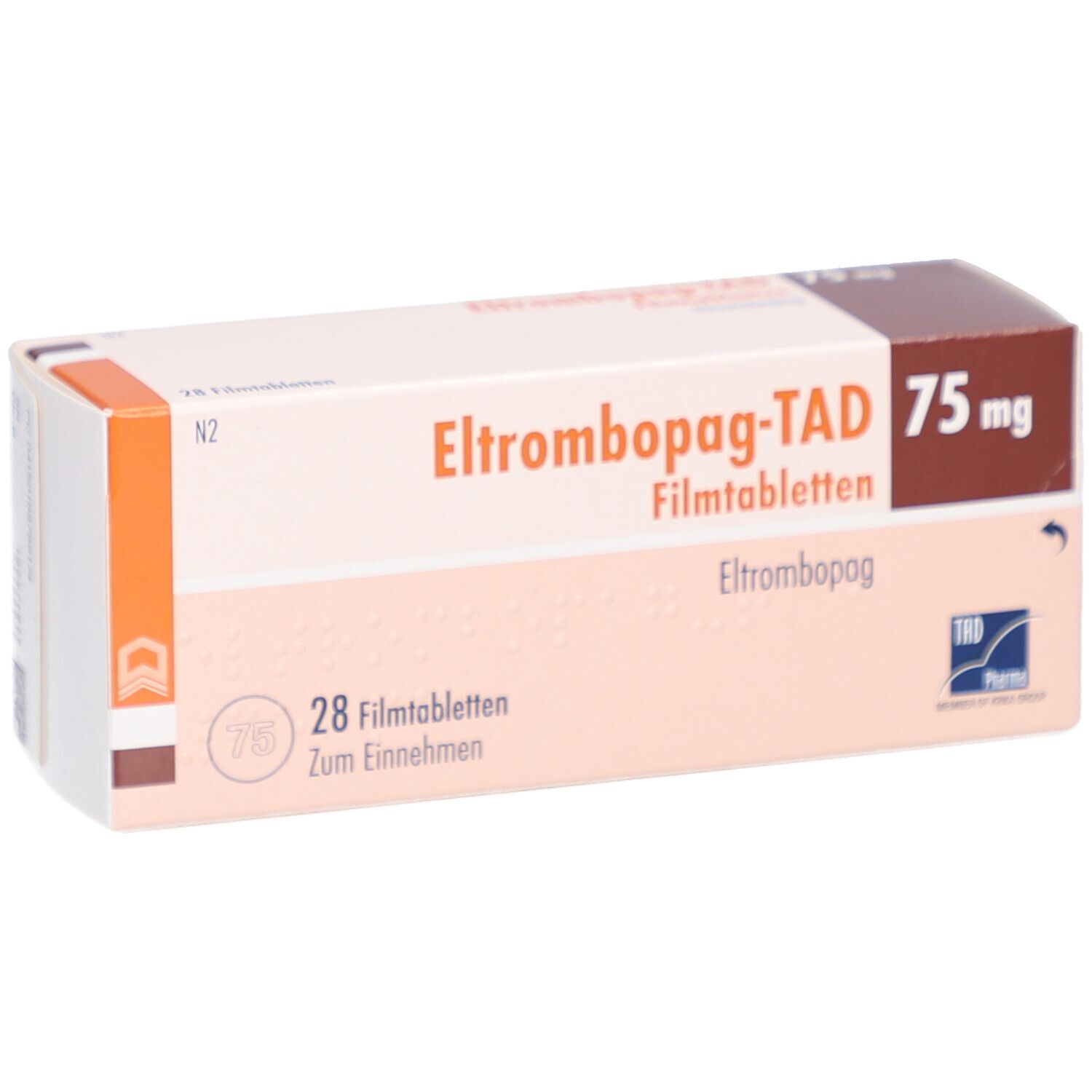 Schachtel "Eltrombopag-TAD 75 mg Filmtabletten". Braune und weiße Verpackung. 28 Filmtabletten. TAD Pharma Logo.