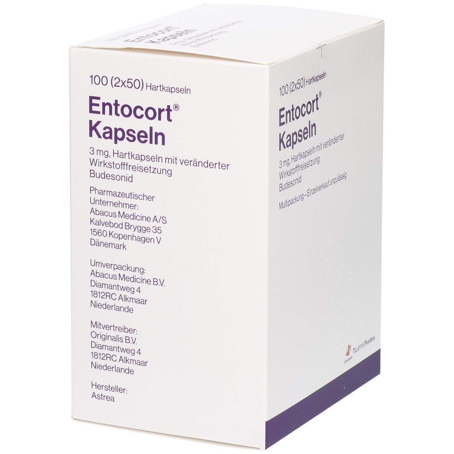 Rückseite der Entocort Kapseln Packung mit Hersteller- und Adressinformationen.