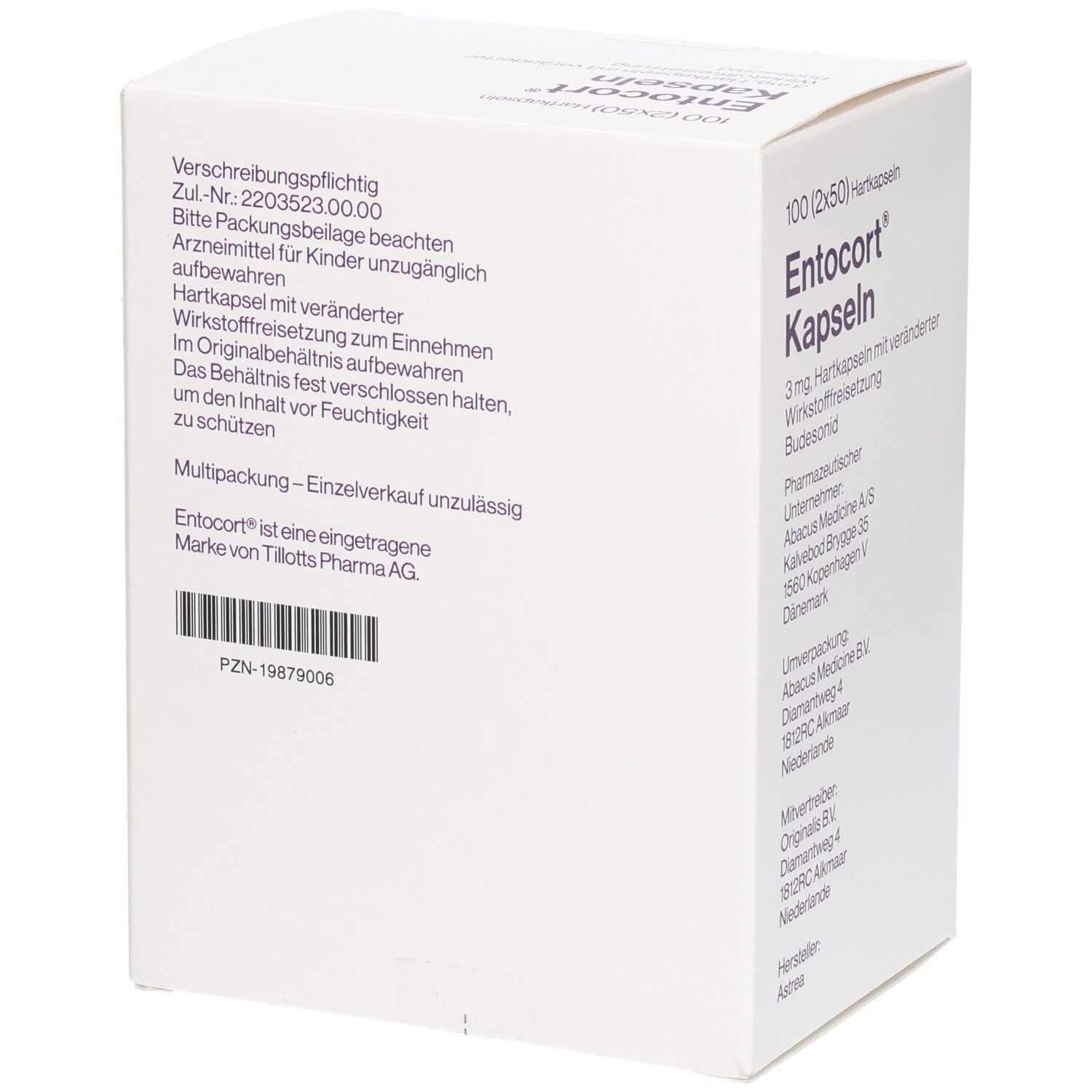 Seite der Entocort Kapseln Packung mit Zulassungsnummer und Barcode.