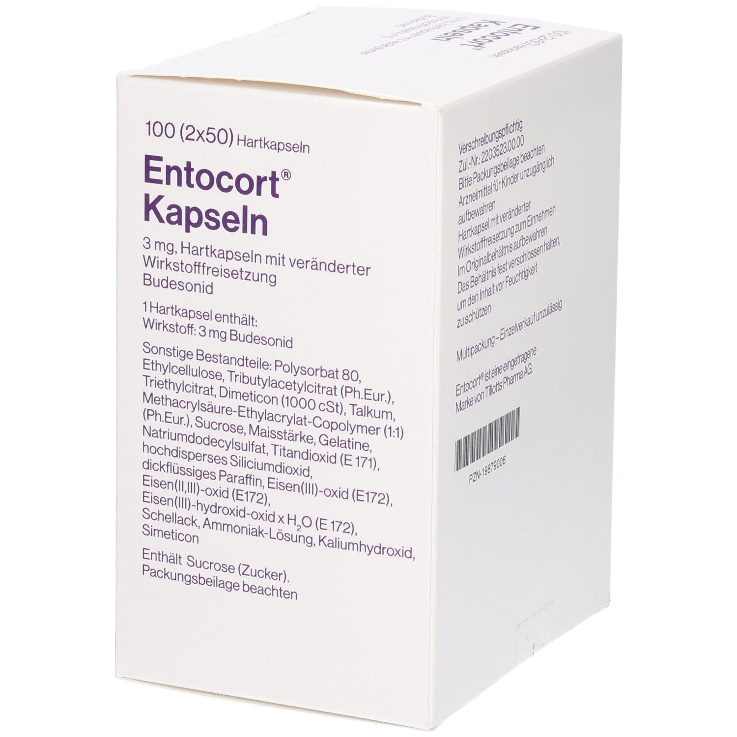Seitenansicht der Entocort Kapseln Packung mit detaillierter Auflistung der Inhaltsstoffe.