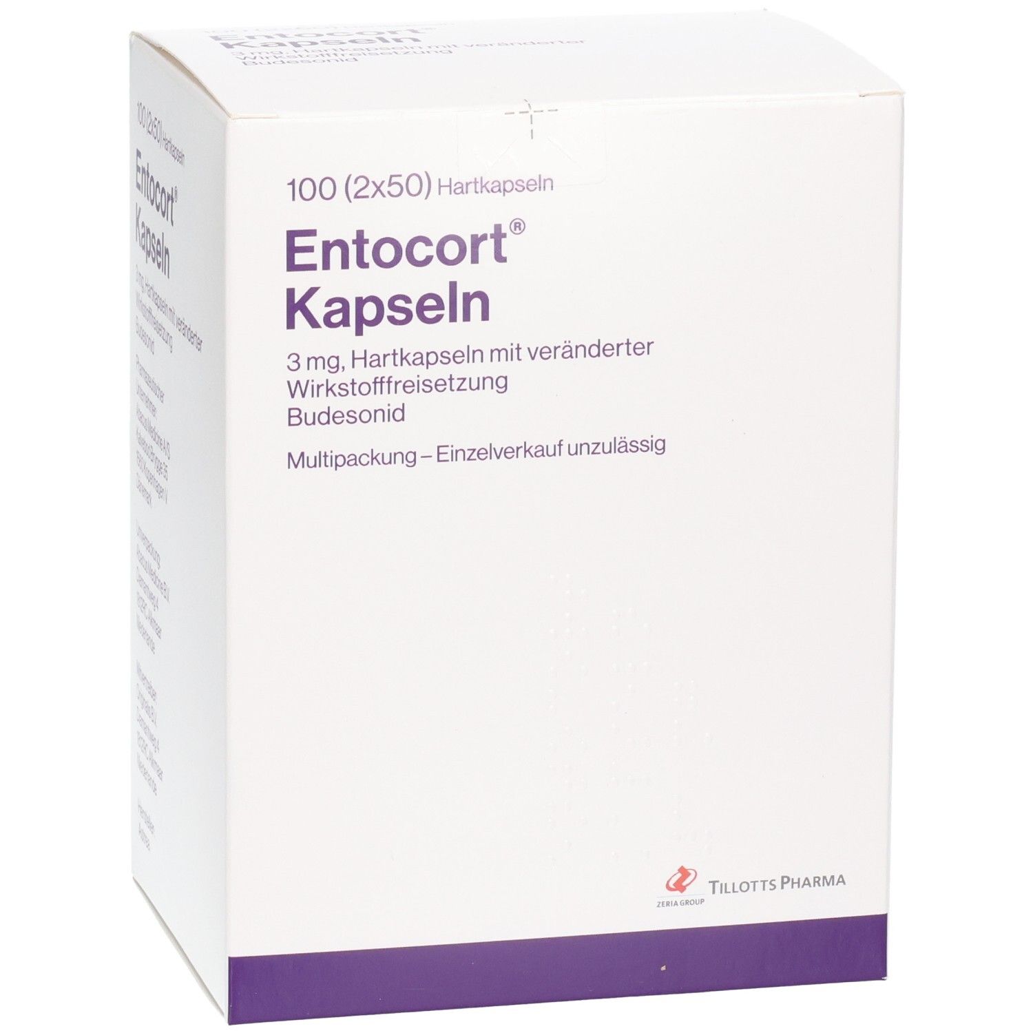 Detailansicht der Entocort Kapseln Packung mit Logo und Produktinformationen.