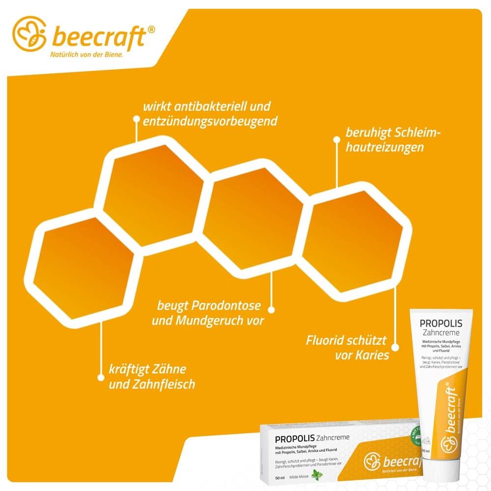 Gelber Hintergrund mit Illustrationen. Text: wirkt antibakteriell, beugt Parodontose vor, Fluorid schützt vor Karies. beecraft.