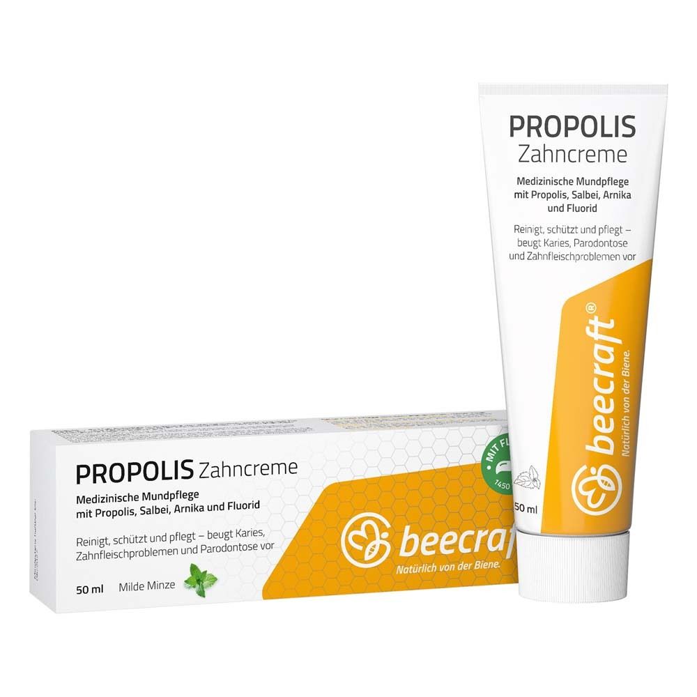 Zahncreme-Tube und -Schachtel. Weiß, gelb und grün. Text: PROPOLIS Zahncreme, beecraft, mit Fluorid.