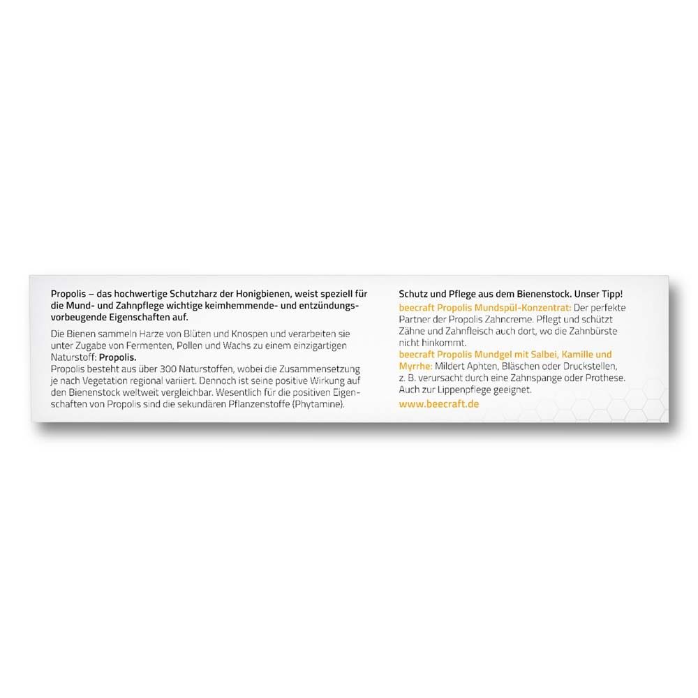 Text auf weißem Hintergrund. Text: Propolis, Schutzharz der Honigbienen. Schutz und Pflege aus dem Bienenstock. beecraft.