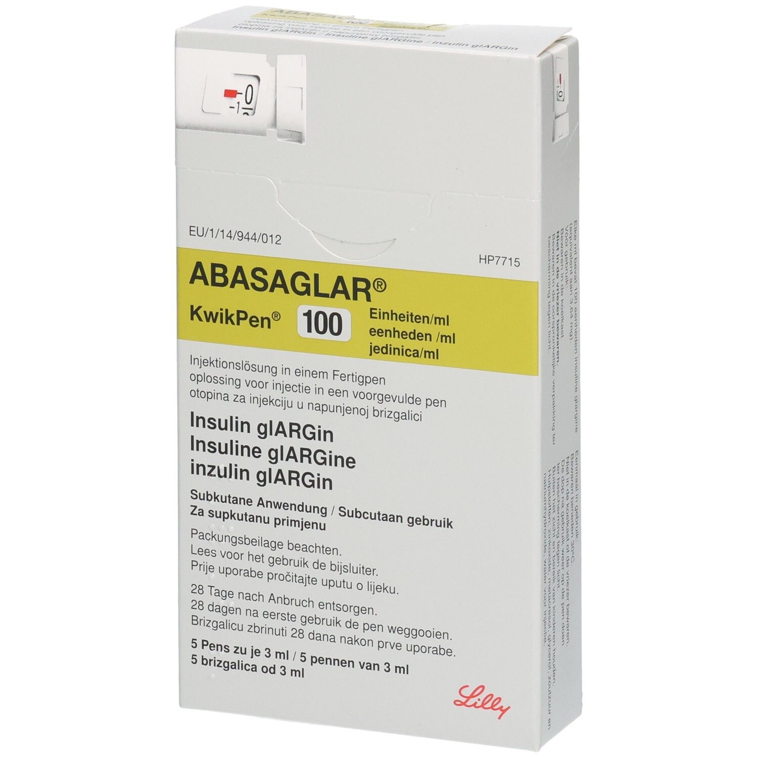 ABASAGLAR KwikPen 100 Injektionslösung. Weiße Verpackung mit gelbem Akzent. Text in mehreren Sprachen.