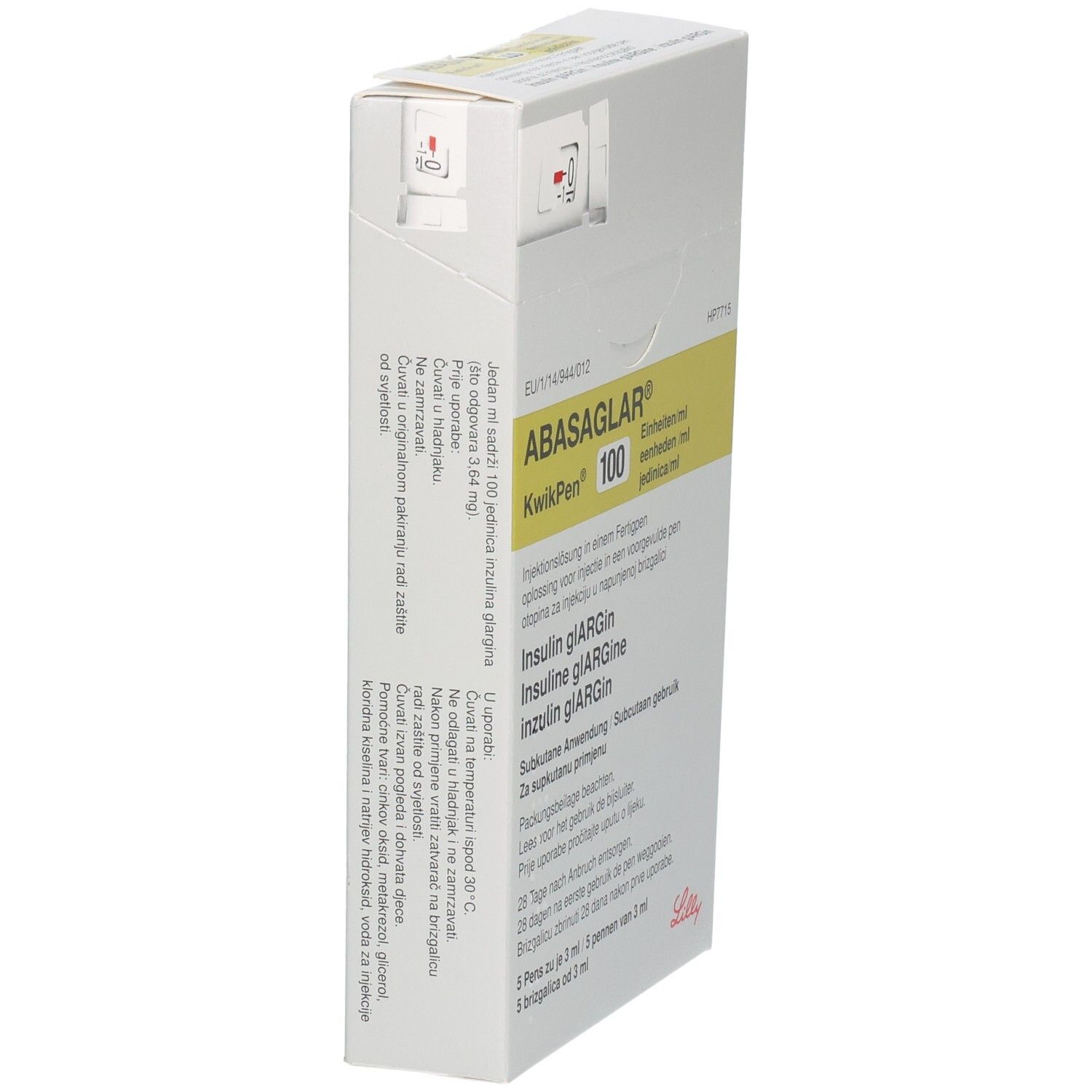 ABASAGLAR KwikPen 100 Verpackung, Seitenansicht. Weiß mit gelbem Streifen. Text in verschiedenen Sprachen.