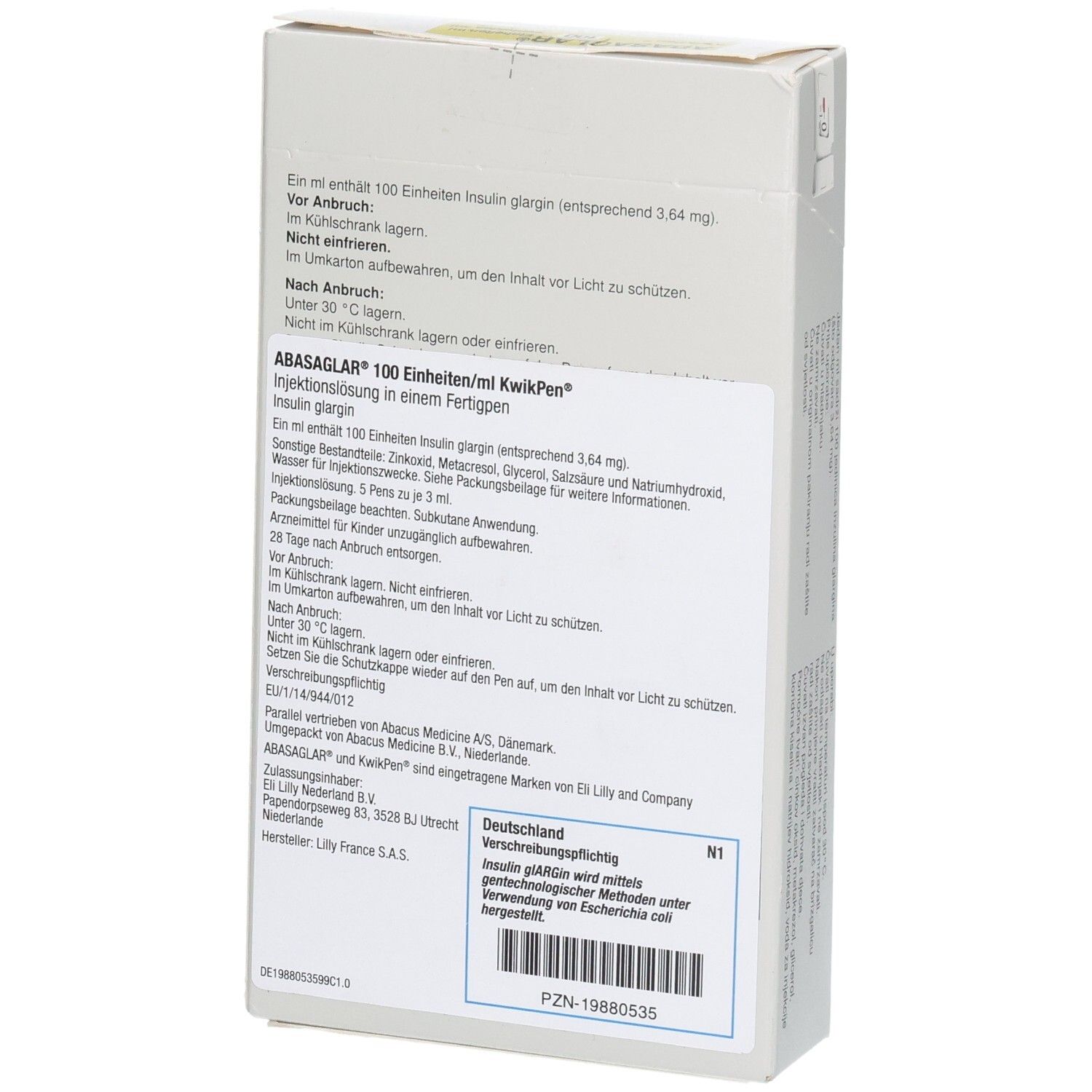 Rückseite der ABASAGLAR KwikPen 100 Verpackung. Weiß mit Text. Enthält Informationen und Herstellerangaben.