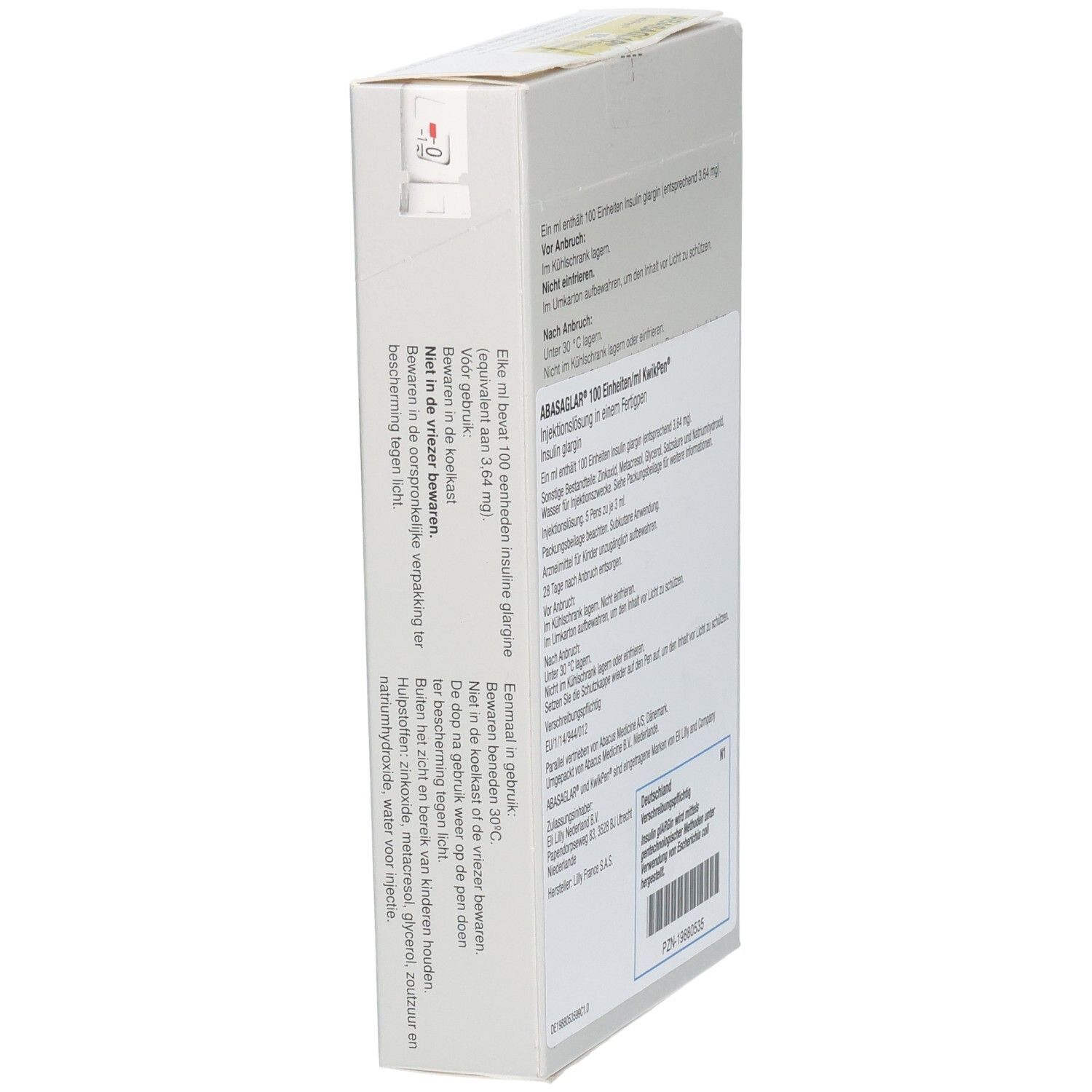 ABASAGLAR KwikPen 100 Verpackung, Seitenansicht. Weiß mit Text. Enthält Informationen.