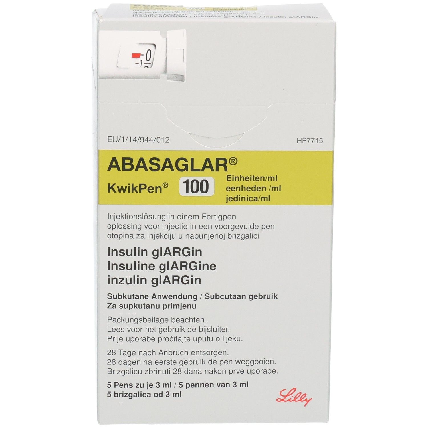 ABASAGLAR KwikPen 100 Injektionslösung. Weiße Verpackung mit gelbem Akzent. Text in mehreren Sprachen.