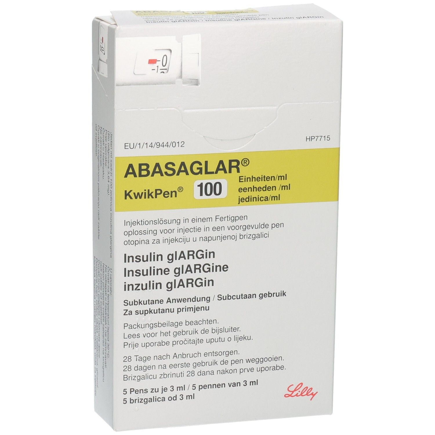 ABASAGLAR KwikPen 100 Injektionslösung. Weiße Verpackung mit gelbem Akzent. Text in mehreren Sprachen.