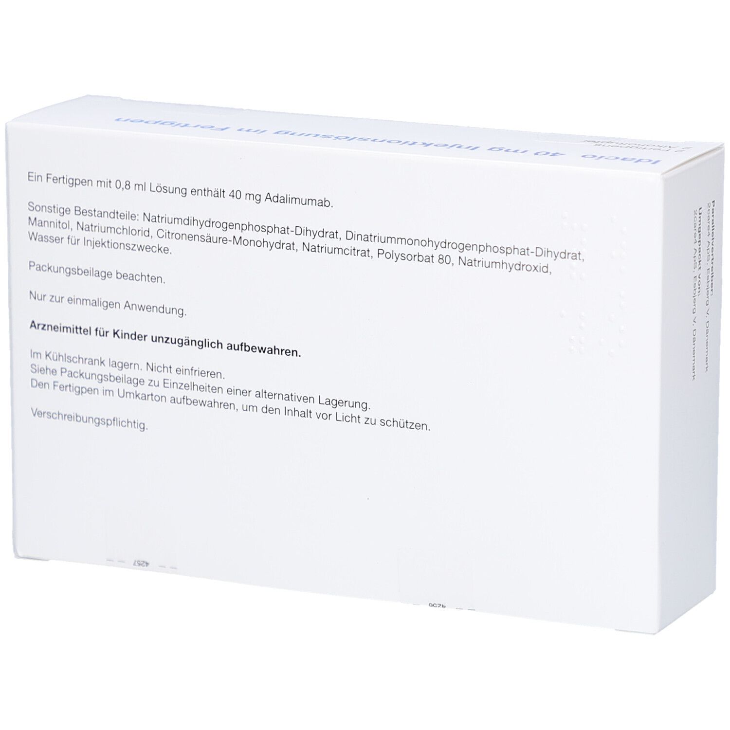 Rückseite eines weißen Kartons. Text über Inhaltsstoffe und Anwendungshinweise. Warnhinweis: Für Kinder unzugänglich aufbewahren.