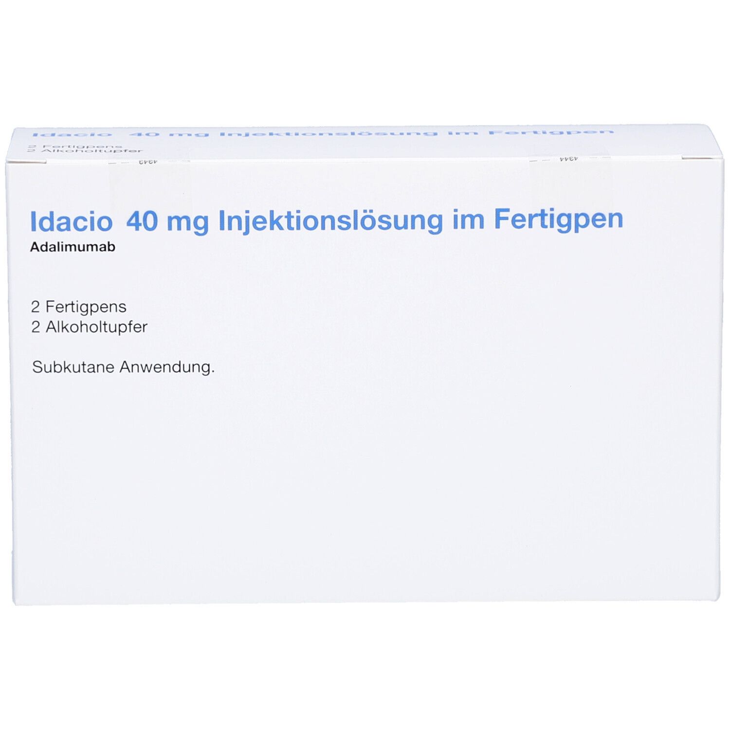 Weißer Karton. Aufschrift: Idacio 40 mg Injektionslösung im Fertigpen. Enthält 2 Fertigpens und 2 Alkoholtupfer. Subkutane Anwendung.