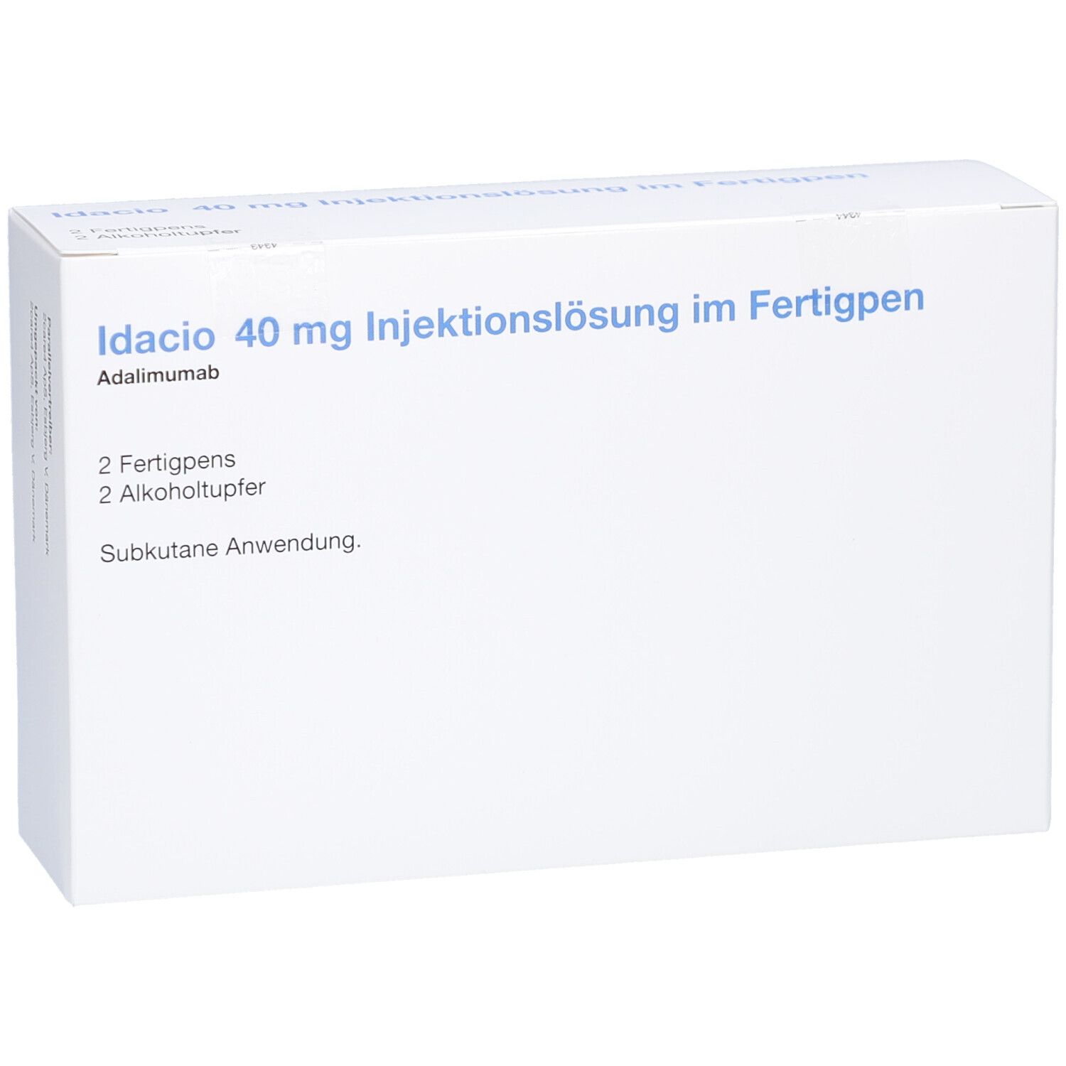 Weißer Karton. Aufschrift: Idacio 40 mg Injektionslösung im Fertigpen. Enthält 2 Fertigpens und 2 Alkoholtupfer. Subkutane Anwendung.