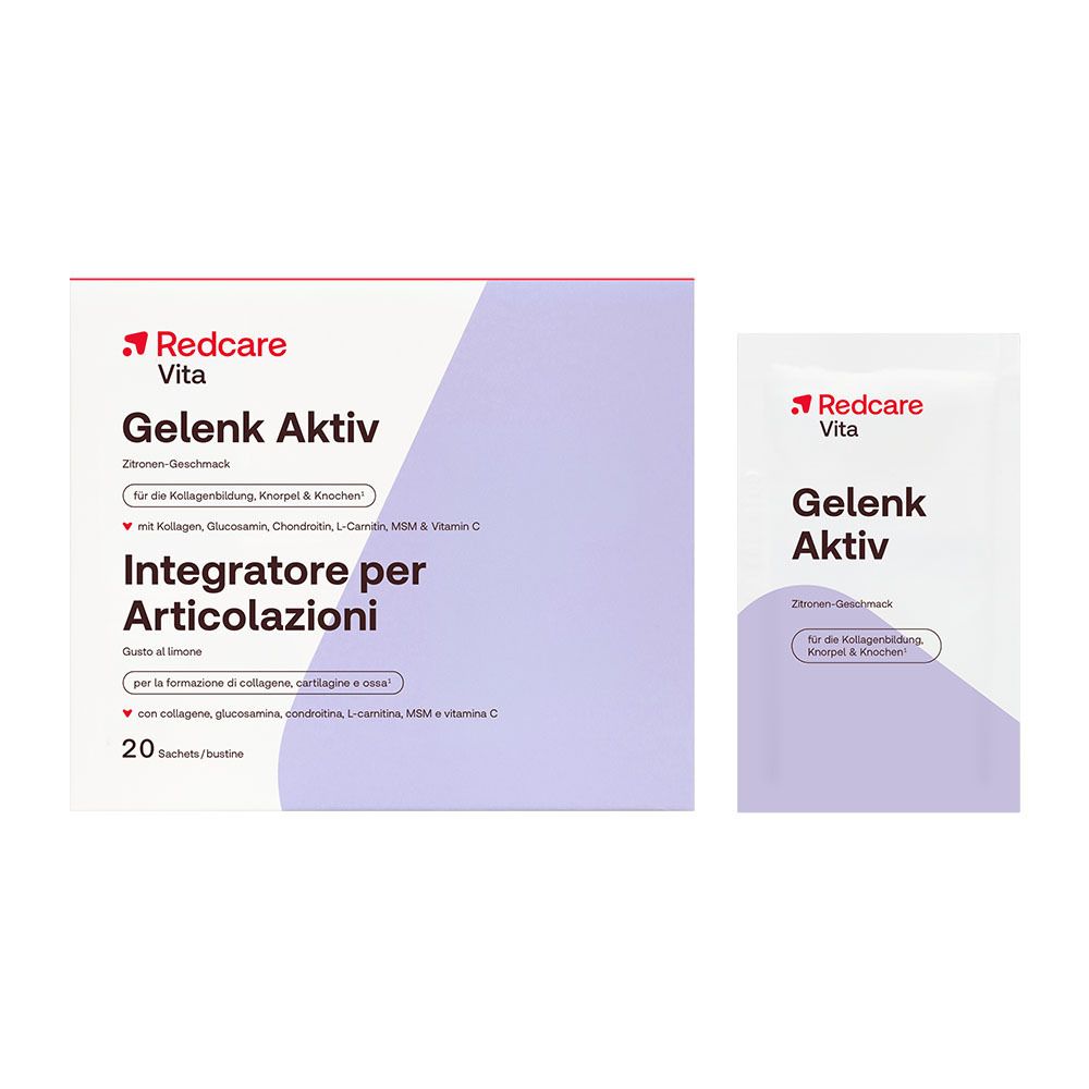 Redcare Vita Gelenk Aktiv Zitrone-Geschmack. Box mit 20 Beuteln für Gelenke, Kollagen, Glucosamin, Chondroitin, MSM & Vitamin C.