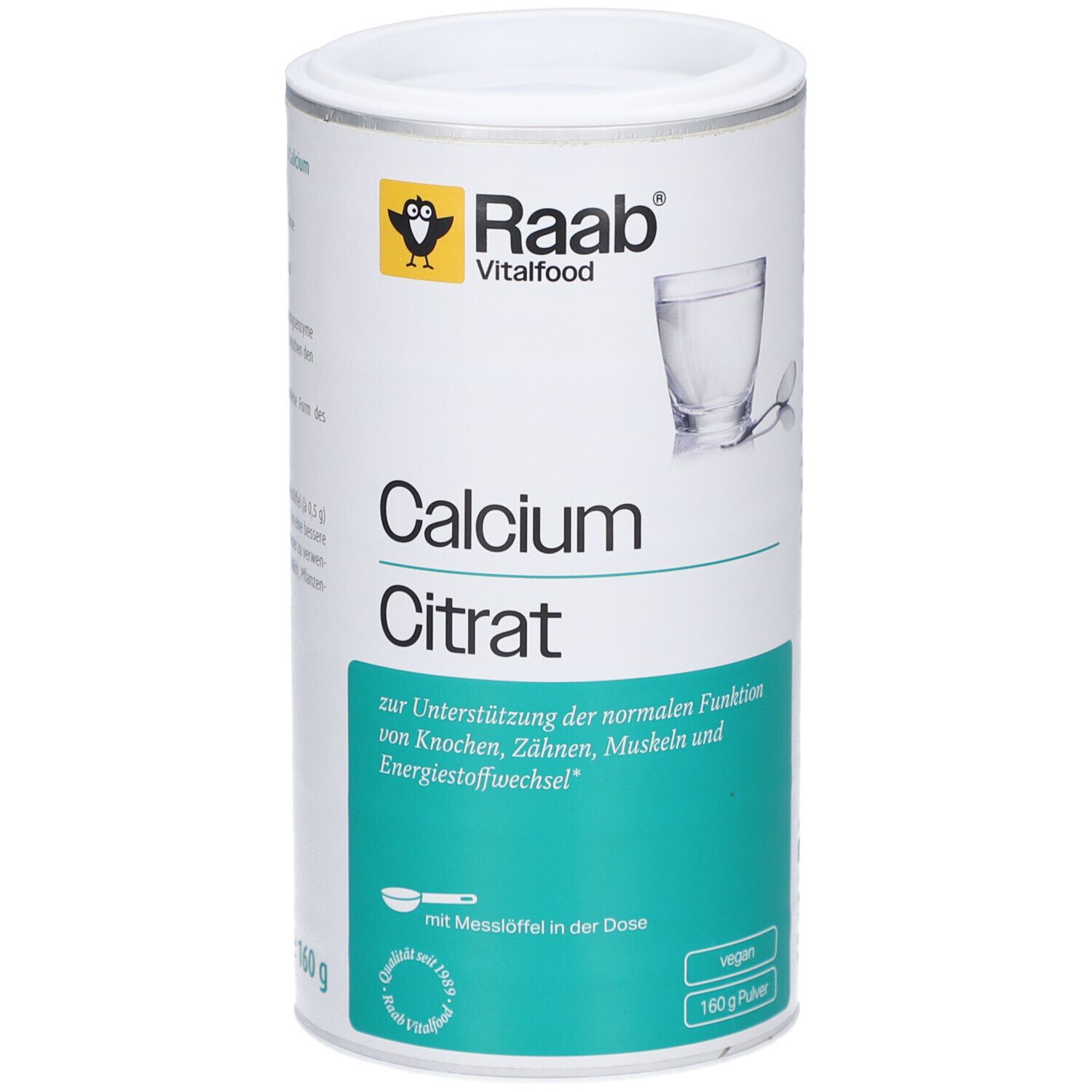 Weißes Calciumcitrat-Pulver in Dose. Marke Raab Vitalfood. Aufschrift: Calcium Citrat. Vegan. 160g Pulver.