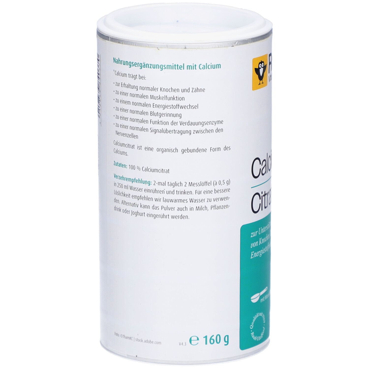 Dose mit Calciumcitrat-Pulver. Aufschrift: Nahrungsergänzungsmittel mit Calcium. Inhaltsstoffe. Verzehrempfehlung. 160g.