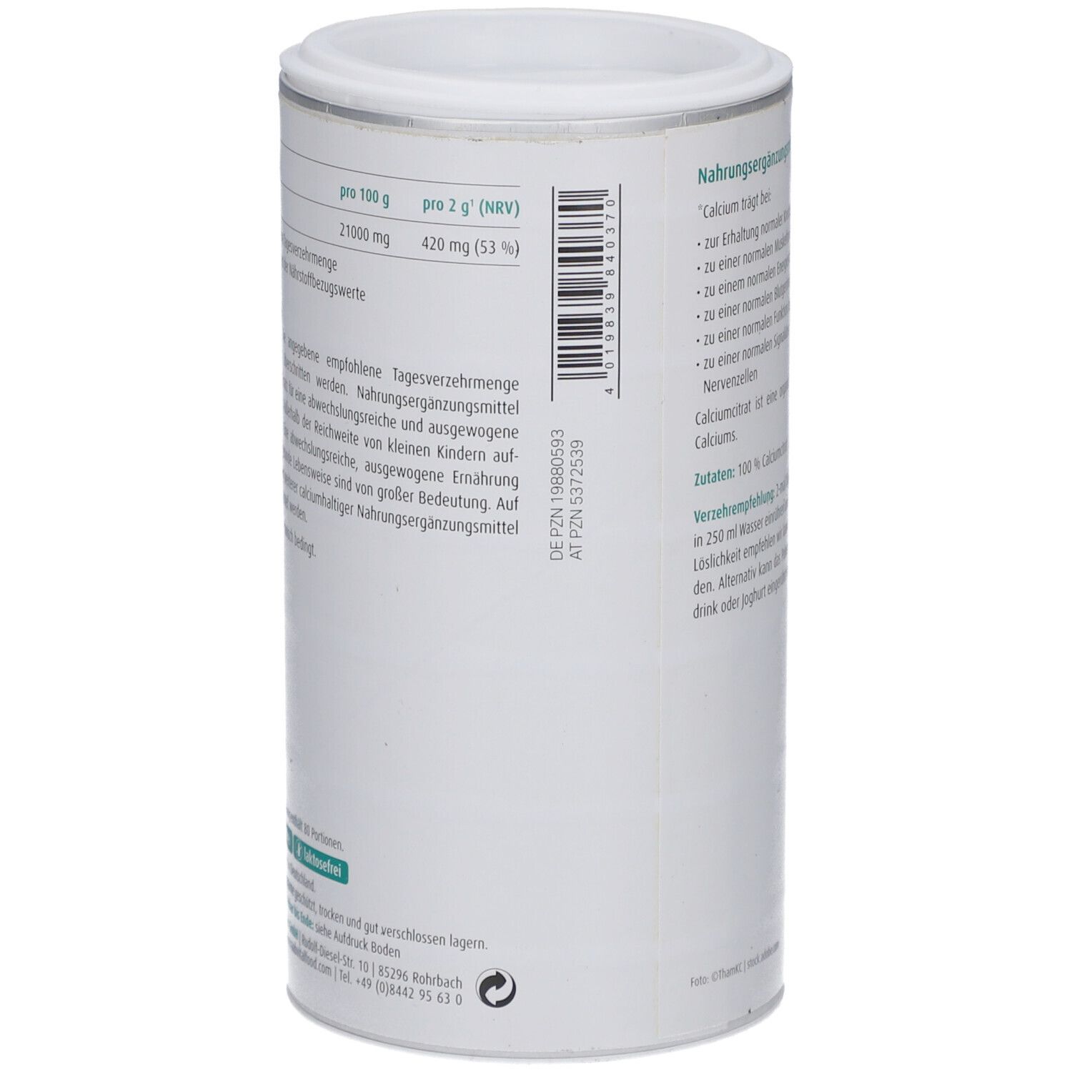 Dose mit Calciumcitrat-Pulver. Aufschrift: Nährwertangaben. Barcode. 160g. Herstellerinformationen.