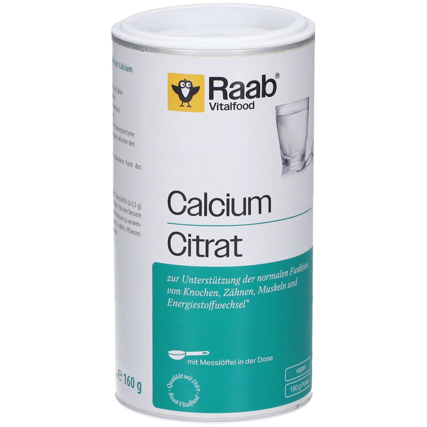 Weißes Calciumcitrat-Pulver in Dose. Marke Raab Vitalfood. Aufschrift: Calcium Citrat. Vegan. 160g Pulver.