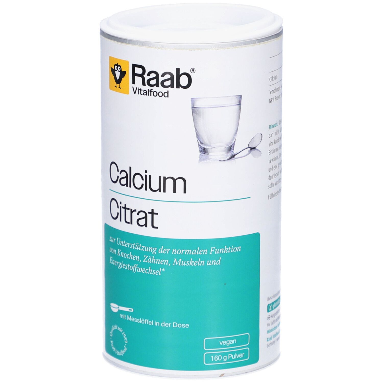 Weißes Calciumcitrat-Pulver in Dose. Marke Raab Vitalfood. Aufschrift: Calcium Citrat. Vegan. 160g Pulver.