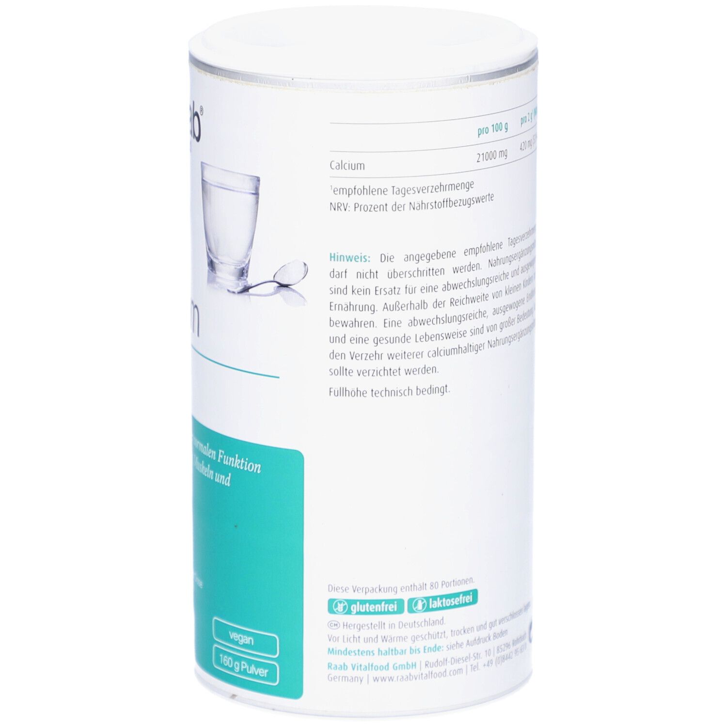 Dose mit Calciumcitrat-Pulver. Aufschrift: Nährwertangaben. Glutenfrei. Laktosefrei. 160g Pulver.