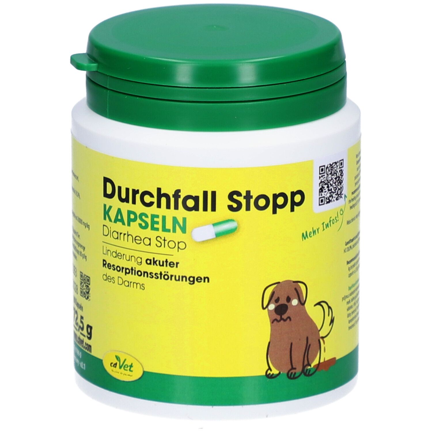 Grüne und weiße Kapseln in einer Dose. Aufschrift: Durchfall Stopp Kapseln. Abbildung eines Hundes.