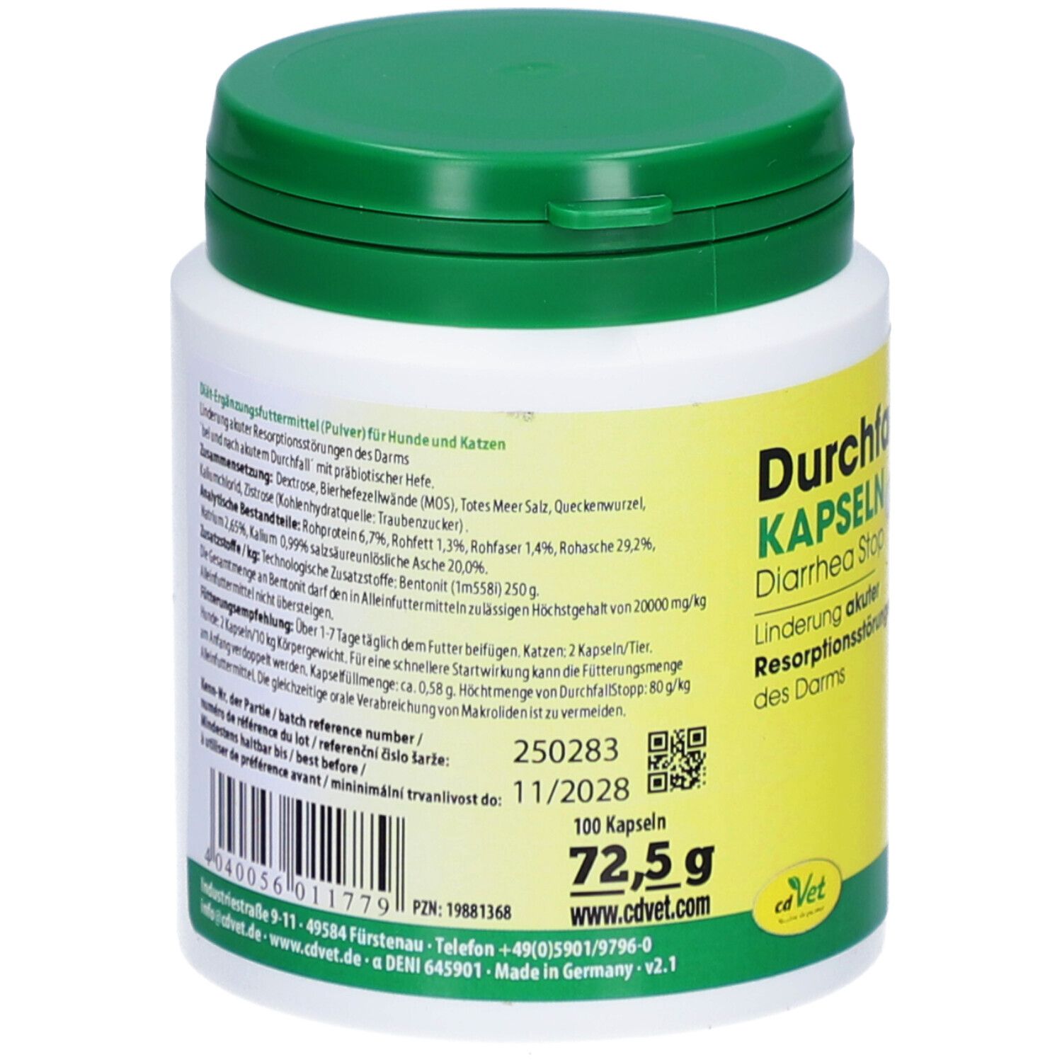 Dose mit grünen Deckel. Aufschrift: Durchfall Stopp Kapseln. Angaben zu Inhaltsstoffen und Dosierung.