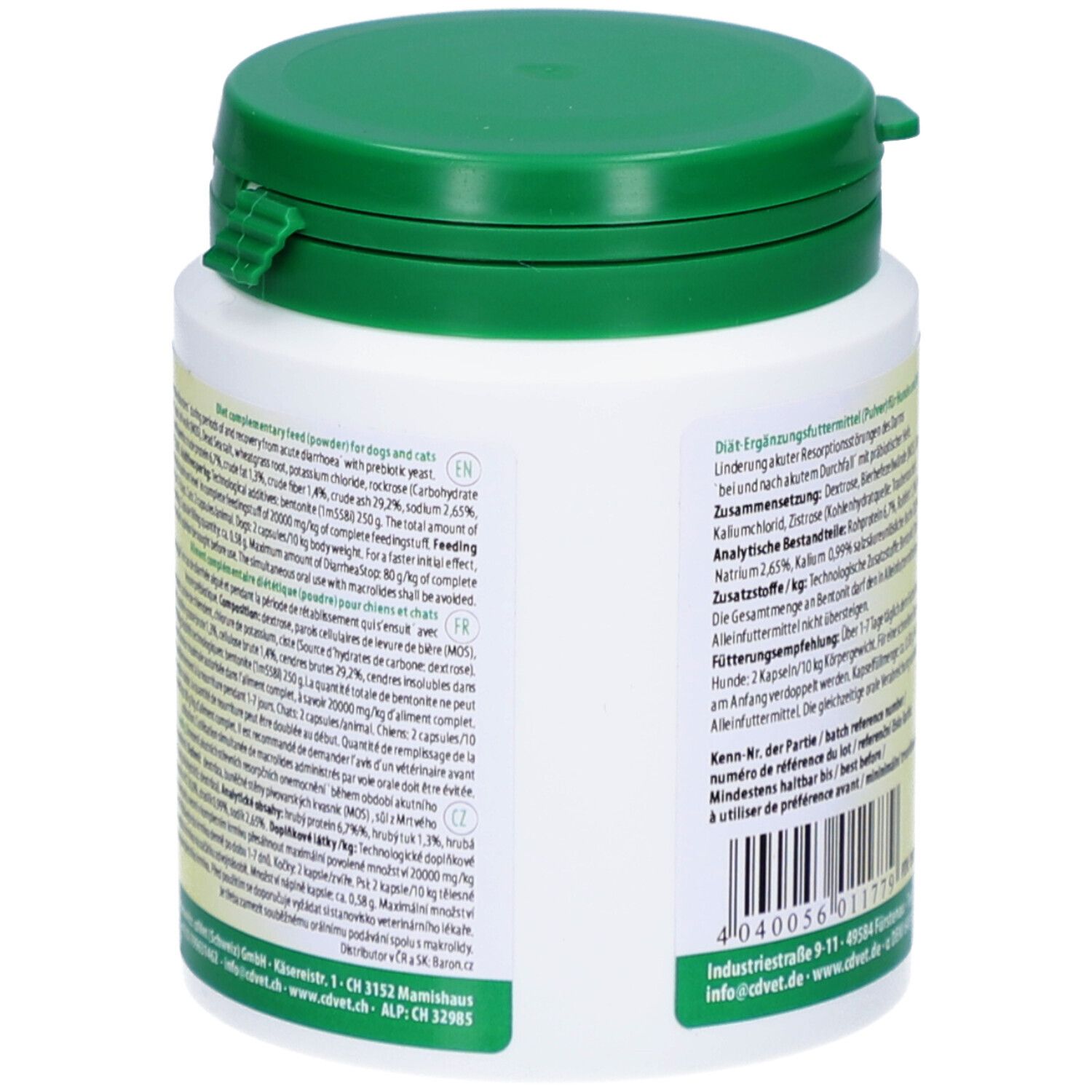 Rückseite der Dose mit grünen Deckel. Text in mehreren Sprachen. Angaben zu Inhaltsstoffen und Anwendung.