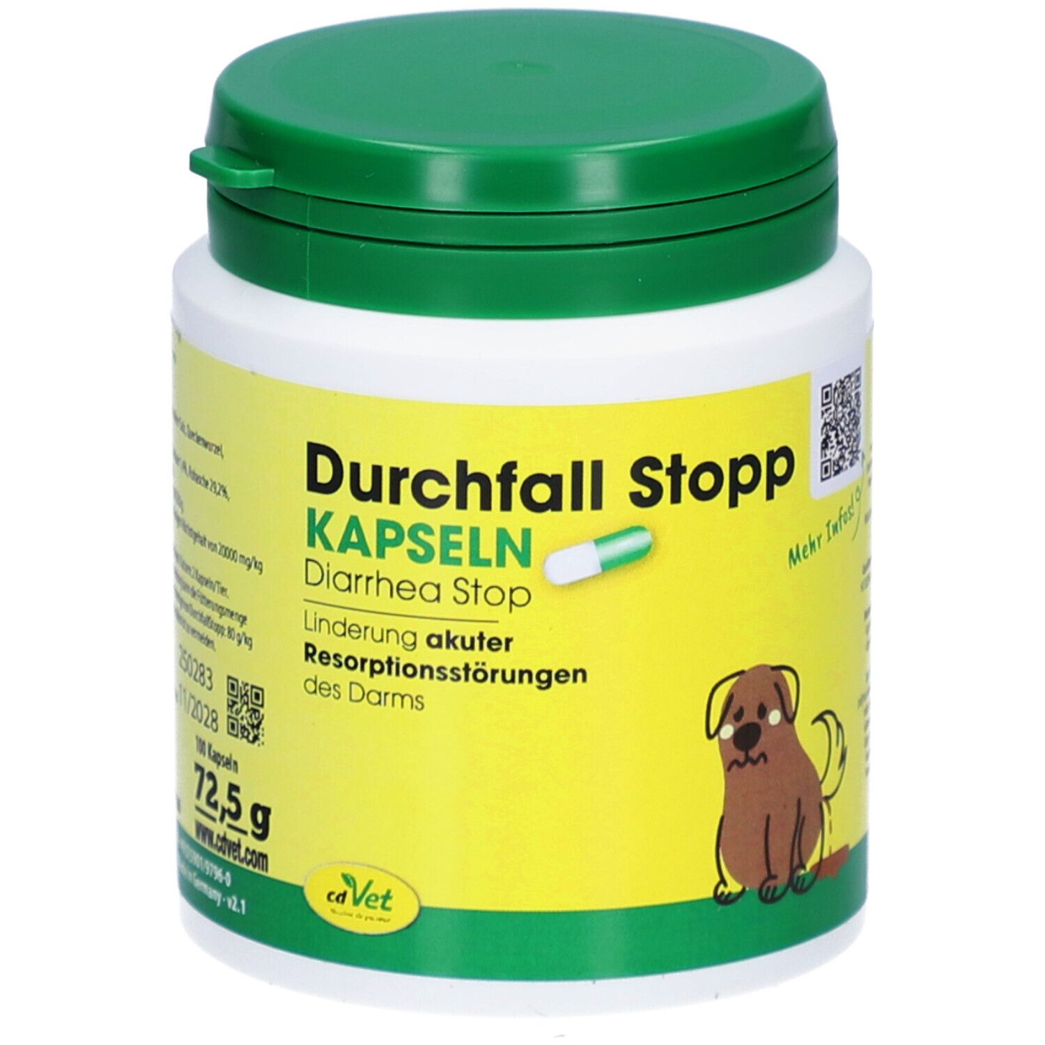 Dose mit grünen Deckel. Aufschrift: Durchfall Stopp Kapseln. Abbildung eines Hundes. Gelber Hintergrund.