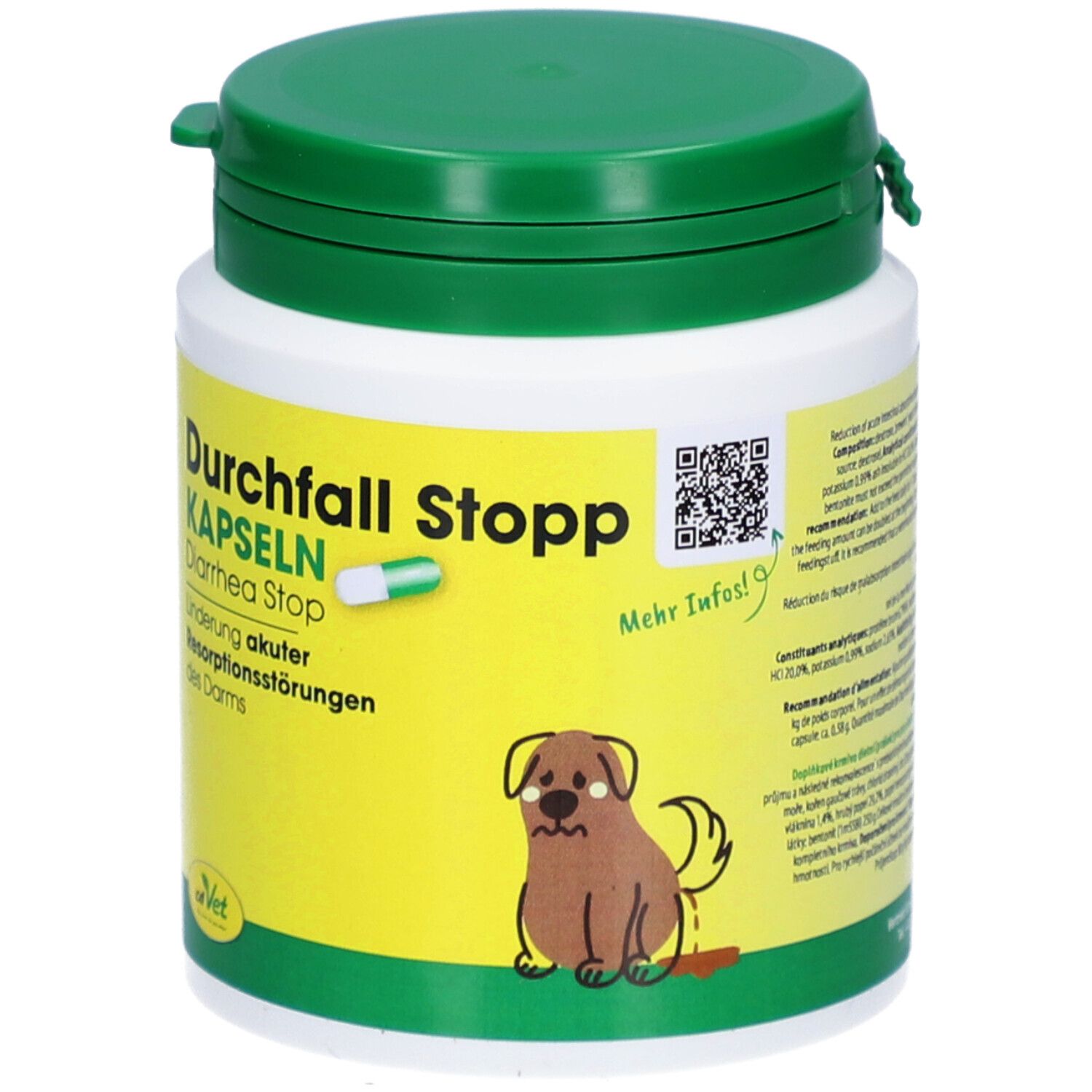 Dose mit grünen Deckel. Aufschrift: Durchfall Stopp Kapseln. Abbildung eines Hundes. QR-Code.