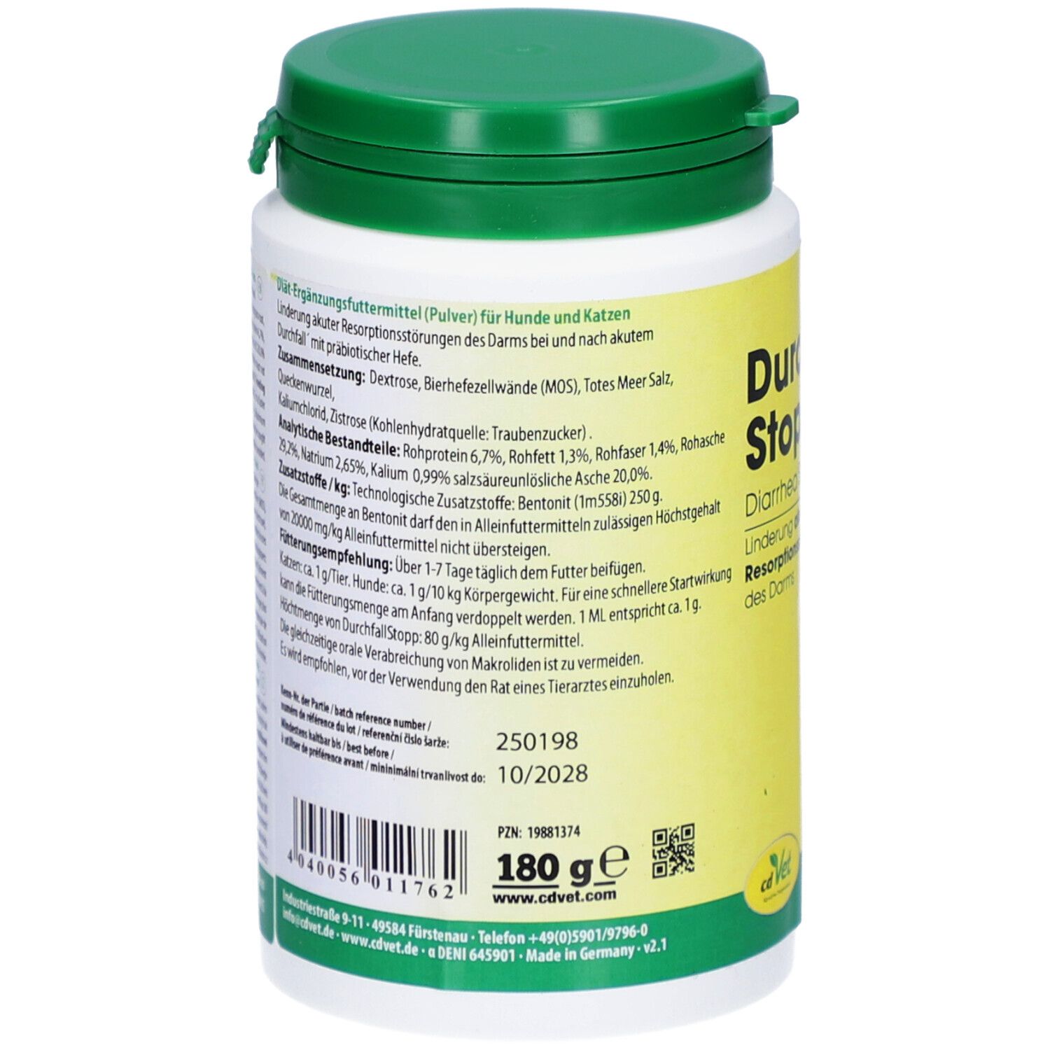 Rückseite der weißen Dose. Text mit Inhaltsstoffen und Dosierung. Aufschrift: 180 g, cdVet.