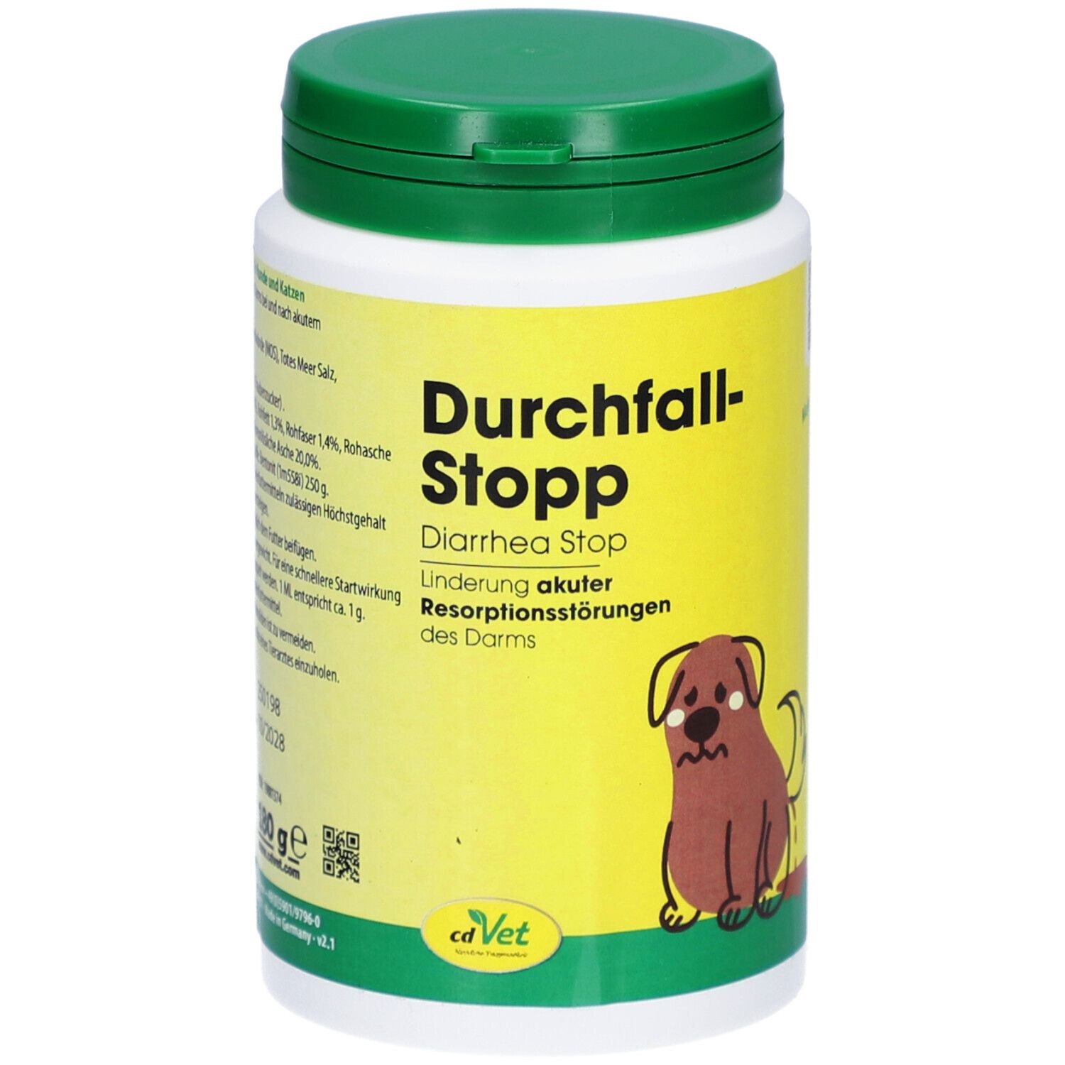 Weiße Dose mit grünem Deckel. Aufschrift: Durchfall-Stopp, Diarrhea Stop. Illustration eines Hundes.