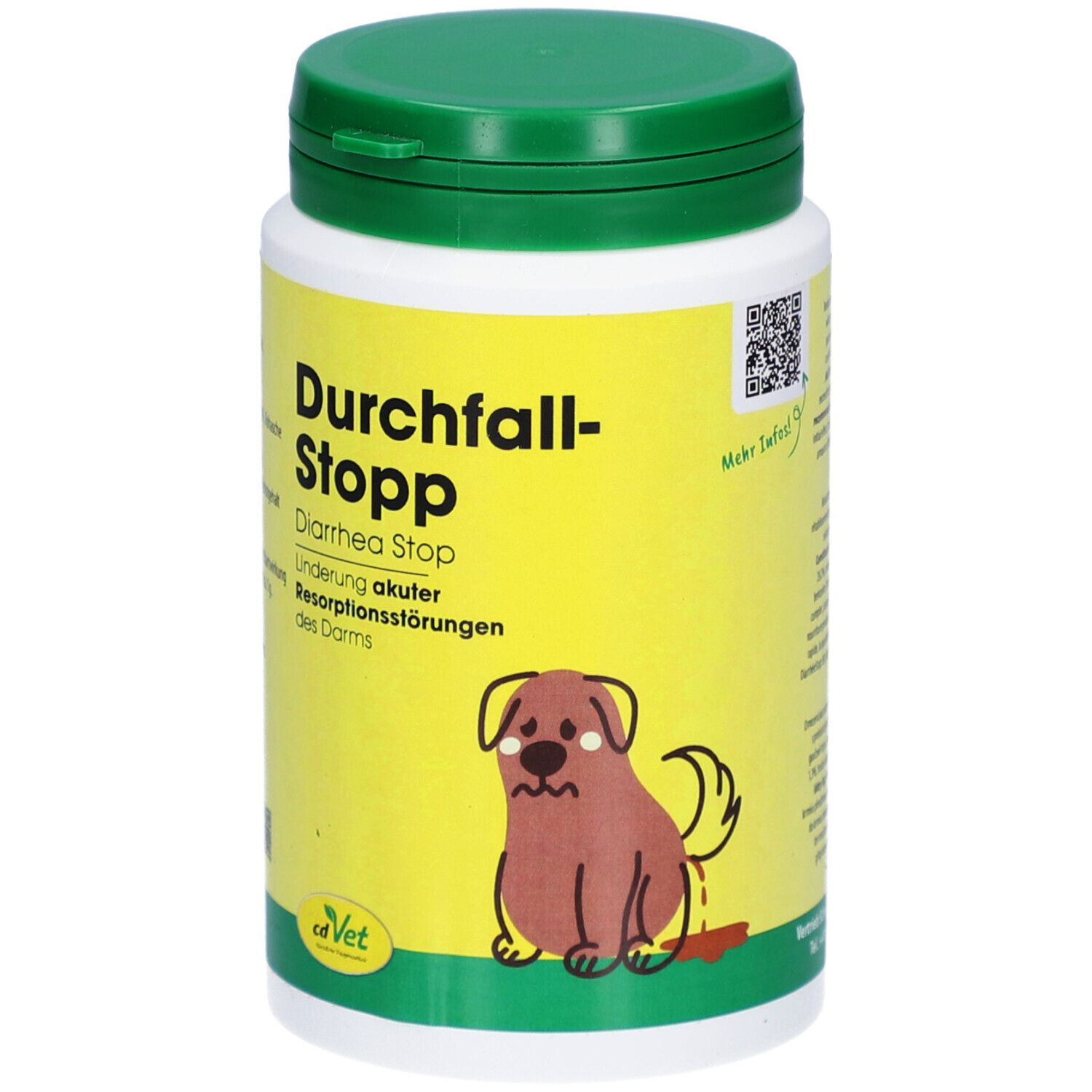 Weiße Dose mit grünem Deckel. Aufschrift: Durchfall-Stopp, Diarrhea Stop. Illustration eines Hundes.