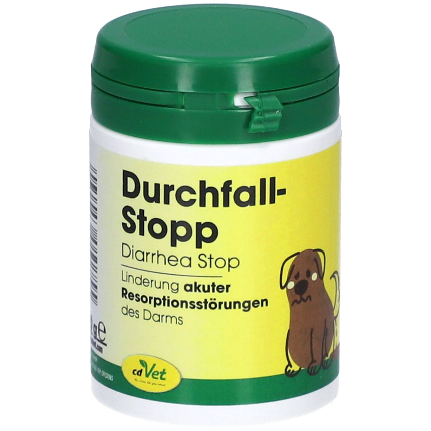 Grüne Dose mit weißem Etikett. Aufschrift: Durchfall-Stopp. Illustration eines Hundes. Marke: cdVet.