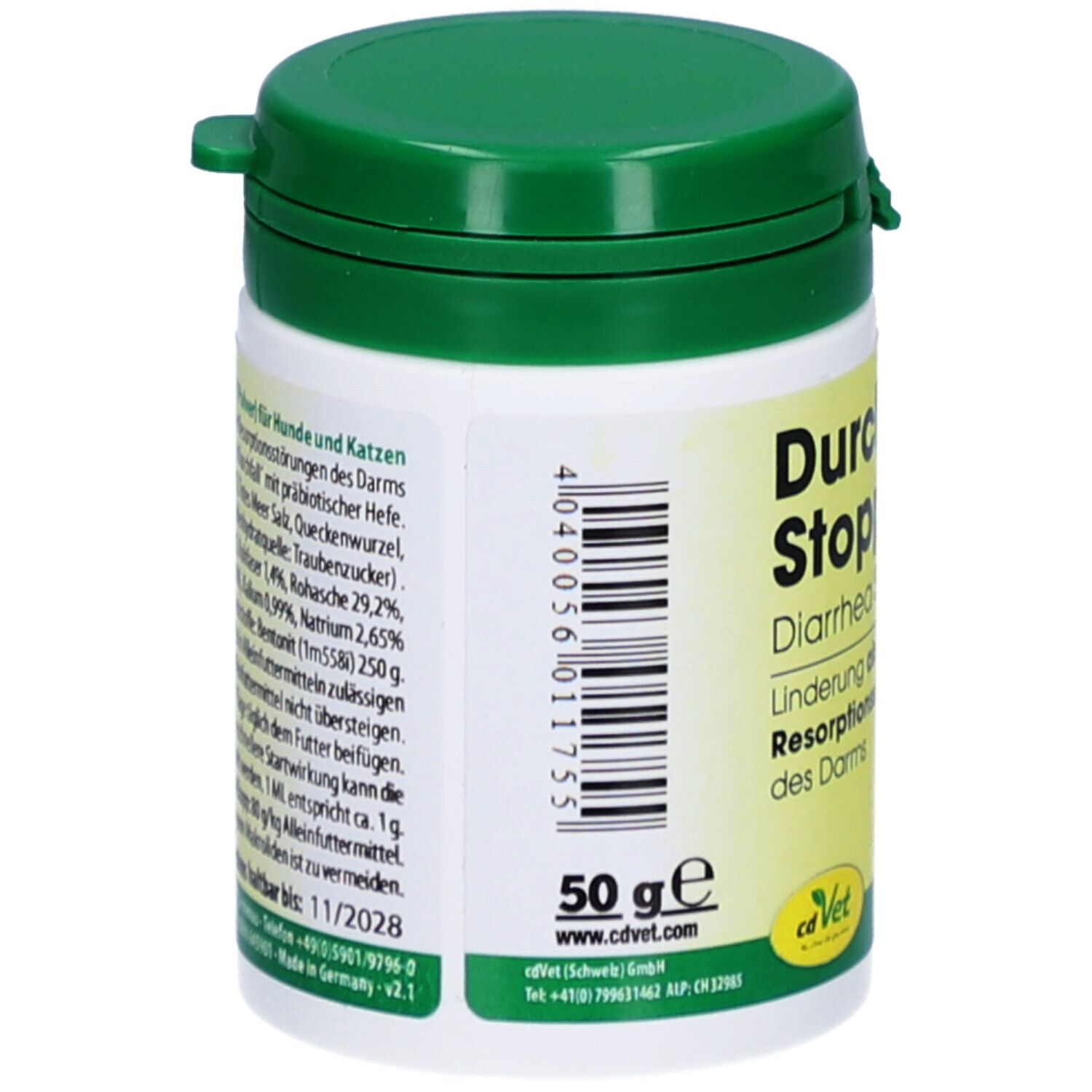 Rückseite der grünen Dose. Text: Durchfall-Stopp. Barcode und Inhaltsangaben. Marke: cdVet.