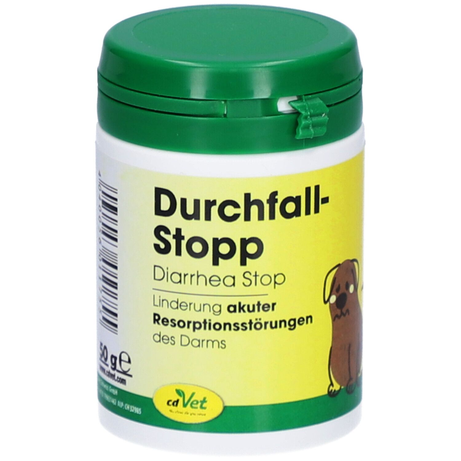 Grüne Dose mit weißem Etikett. Aufschrift: Durchfall-Stopp. Illustration eines Hundes. Marke: cdVet.